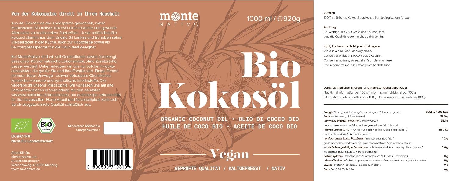 Detalle de MonteNativo Bio Kokosöl – nativ, 1. Kaltpressung, Rohkostqualität (6 x 1000 ml Schraubgläser) für Kochen, Braten, Backen sowie Haut & Haare