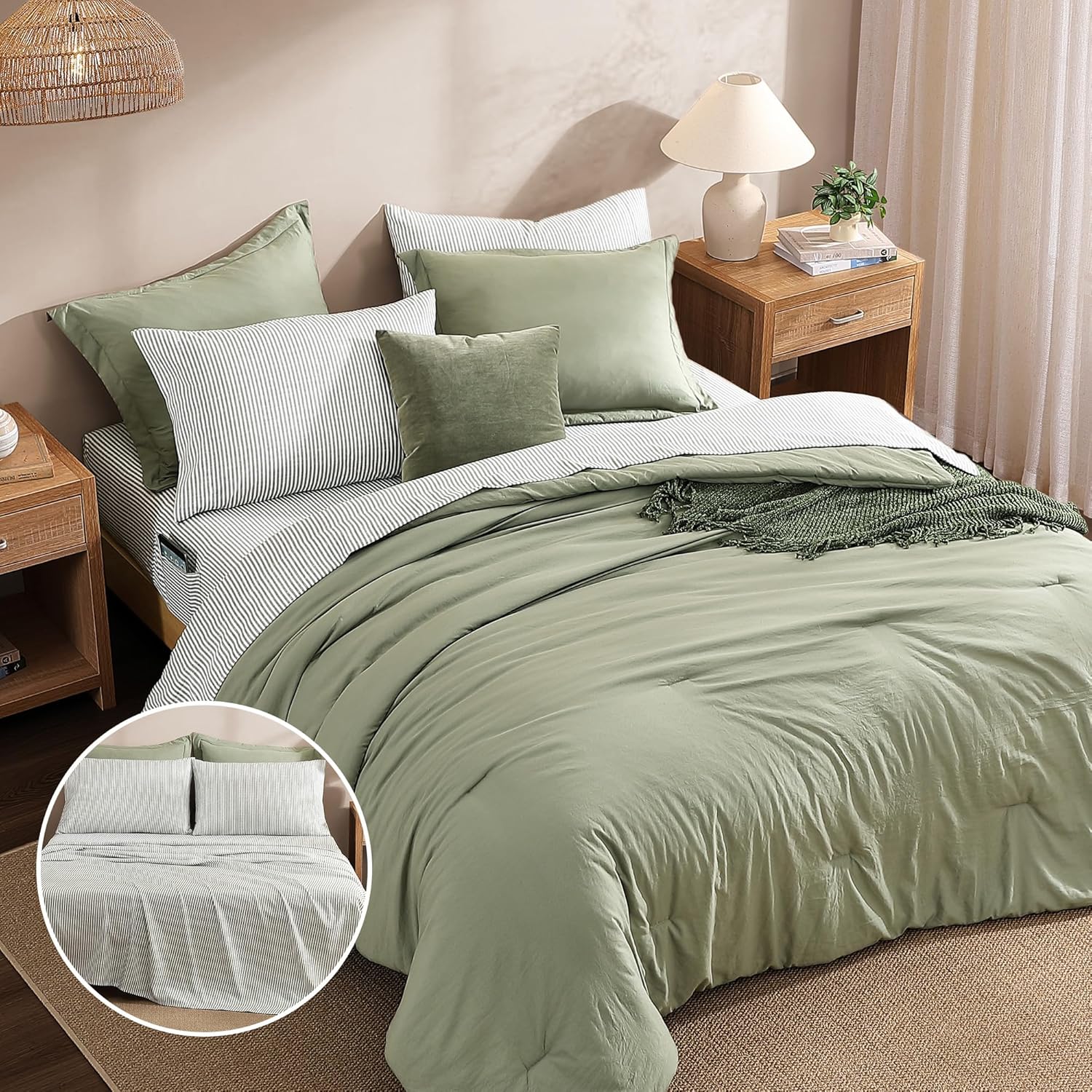 Thumbnail 3 de Monbix Queen Comforter Set - 7 Pieces Green Prewashed Bed in a Bag