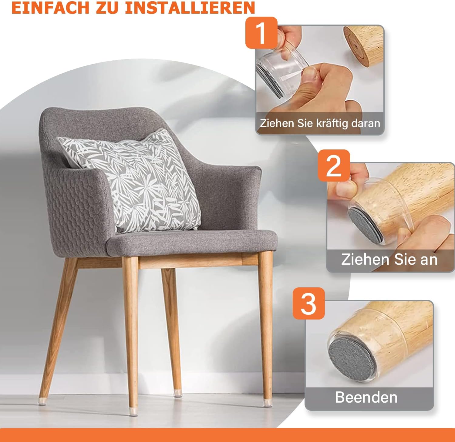 Detalle de 32er Stuhlbeinkappen mit Filz und transparentem Silikon – passend für Stuhlbeine (23–32,9 mm rund)