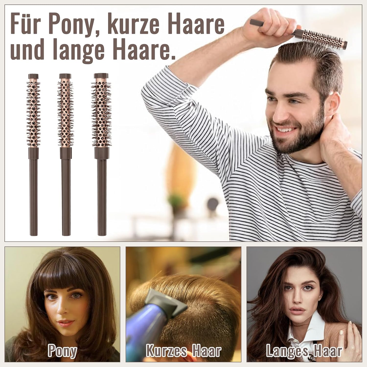 Detalle de Kunoli ronde föhnborstel, set van 3 mini-borstels voor pony en kort haar
