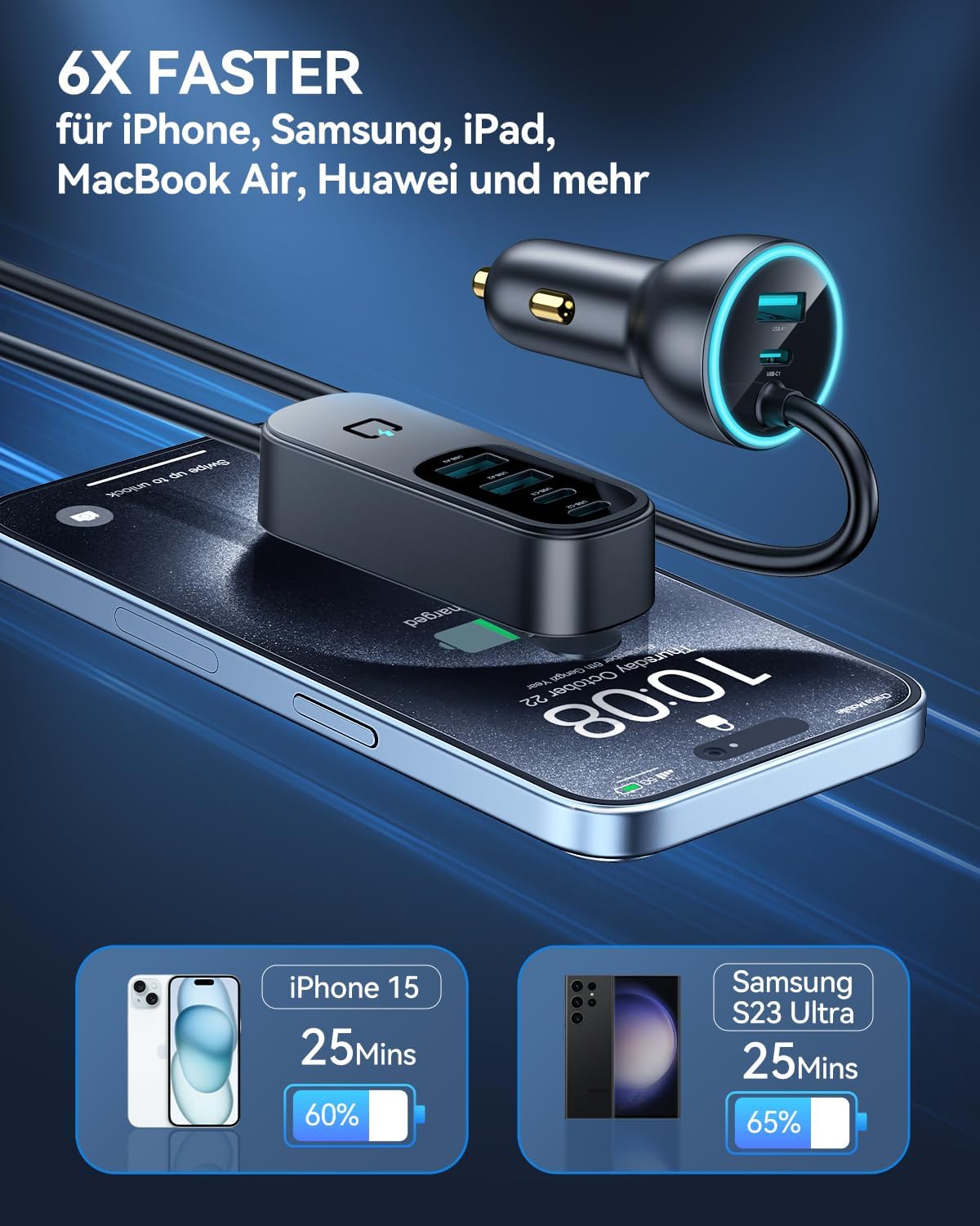 Detalle de Rocoren 105W USB-C Auto-Ladegerät Adapter mit 6 Ports – PD3.0/QC3.0