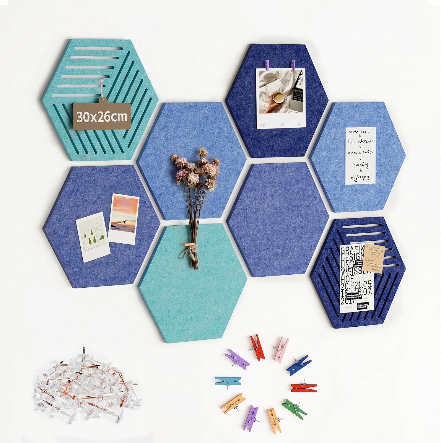 Detalle de Uoisaiko UY-US-10059-Q8 Hexagonal Felt Bulletin Board Tiles, 8-Pack