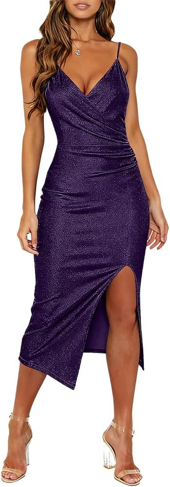 Thumbnail 5 de WAYMAKER Women's Sexy V Neck Wrap Ruched Side Slit Bodycon Dress