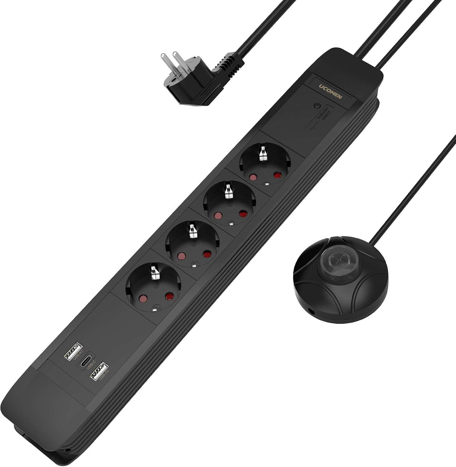 Detalle de UCOMEN Steckdosenleiste mit Fußschalter – 4-fach + USB A/C (20 W), 1,5-m-Kabel, 16A/3680 W