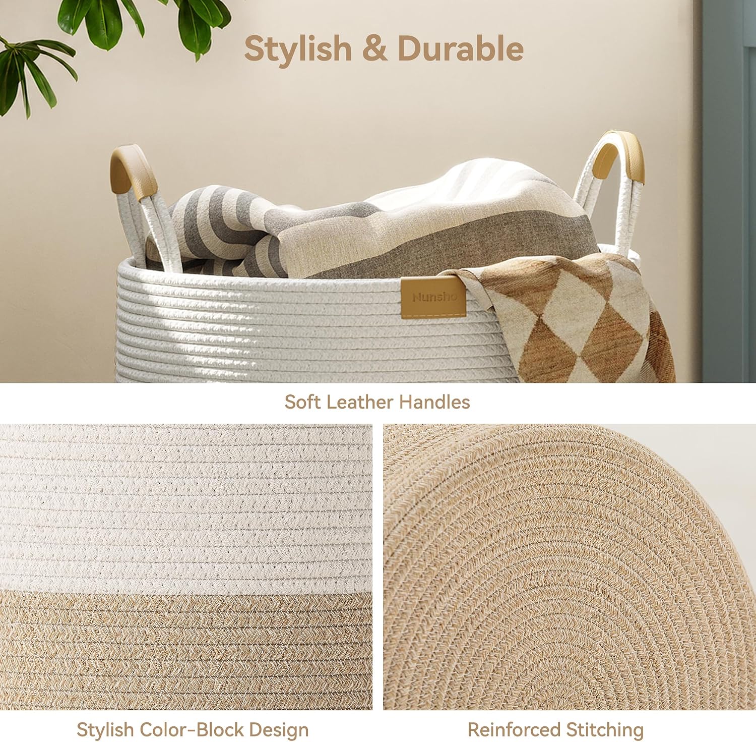 Detalle 2 de Nunsino 72L Cotton Rope Basket with Leather Handles, Brown and White