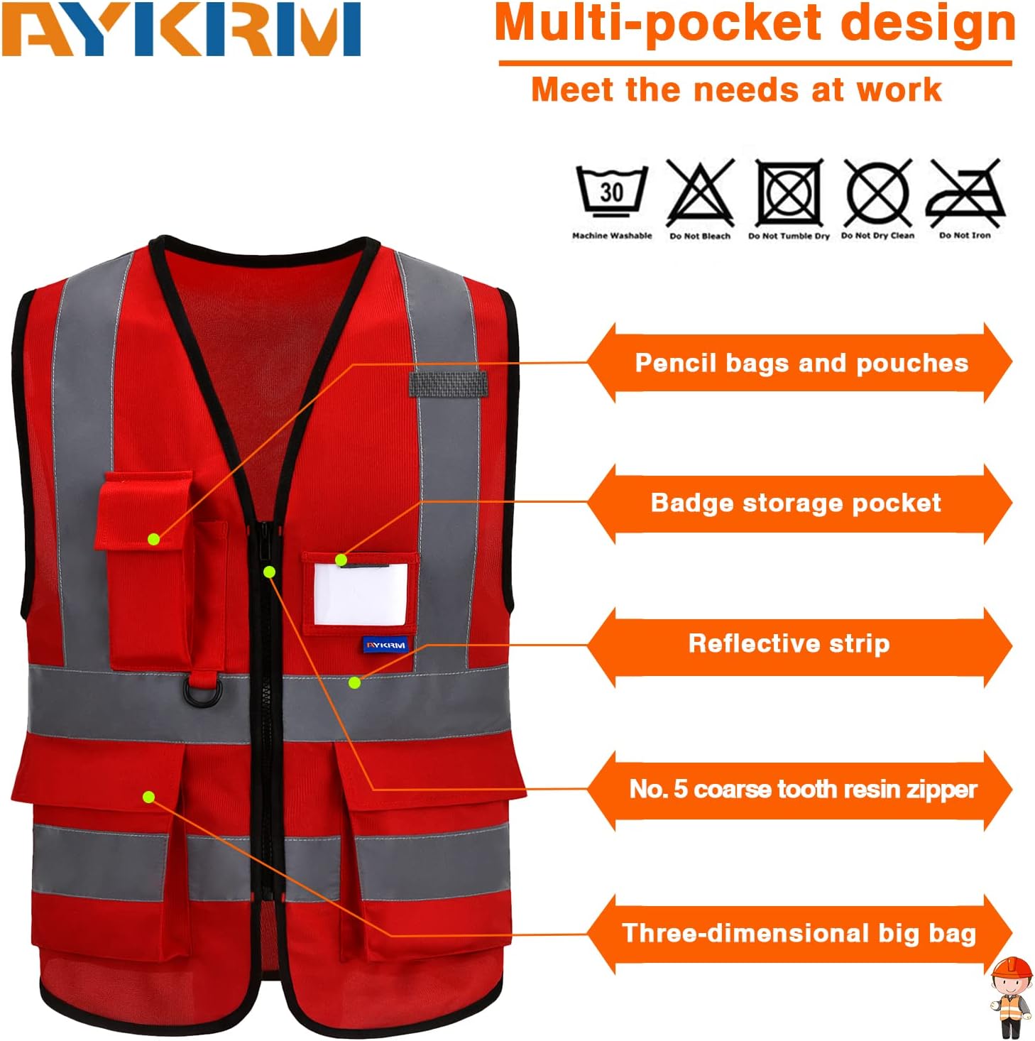 Thumbnail 2 de AYKRM 21 Colours High Vis Vest with Front Zipper and 7 Pockets