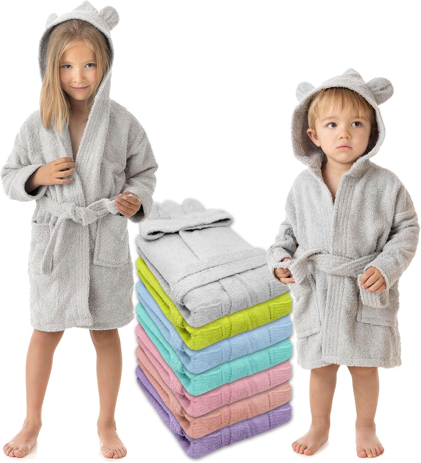 Detalle 2 de LEBENGOOD peignoir de bain enfant en 100% coton OEKO-TEX®, avec capuche à oreilles (11-12 ans, Perla)