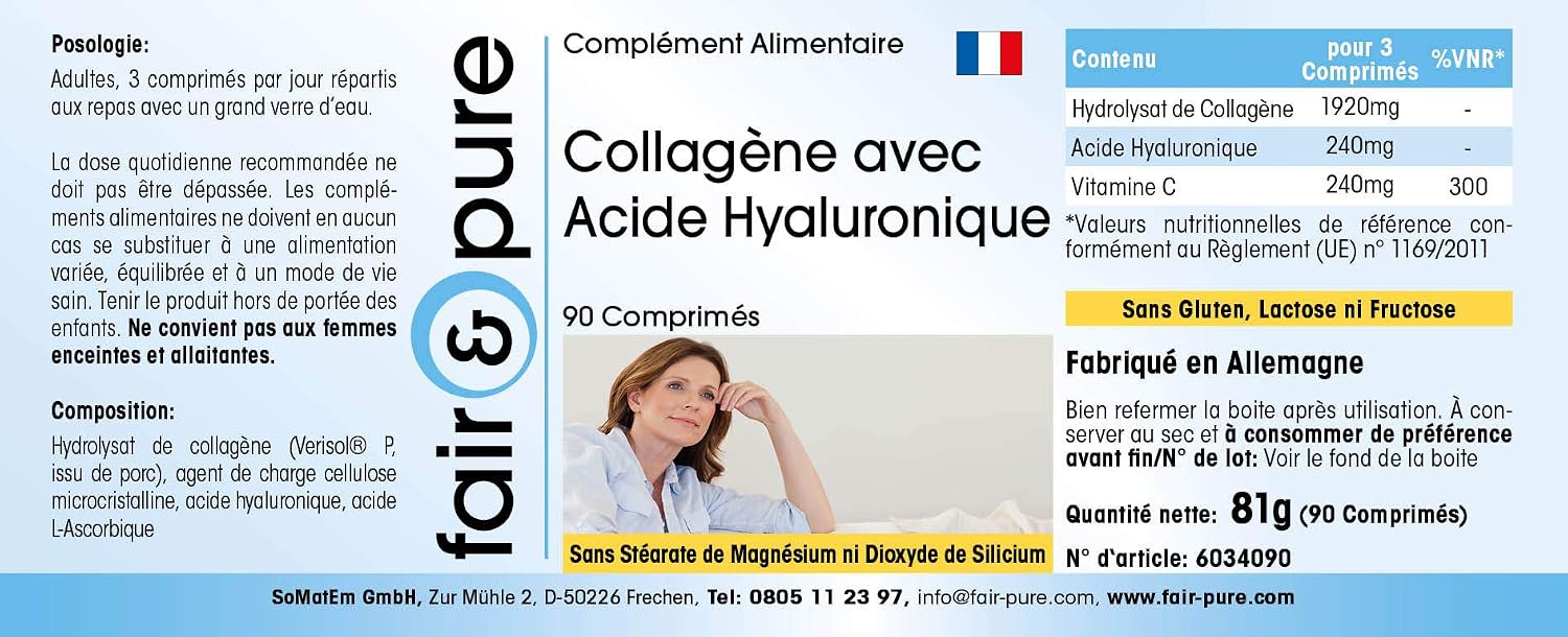 Detalle de Fair & Pure Collagen 640 mg mit Hyaluronsäure und Vitamin C – 90 Tabletten, deutsche Herstellung