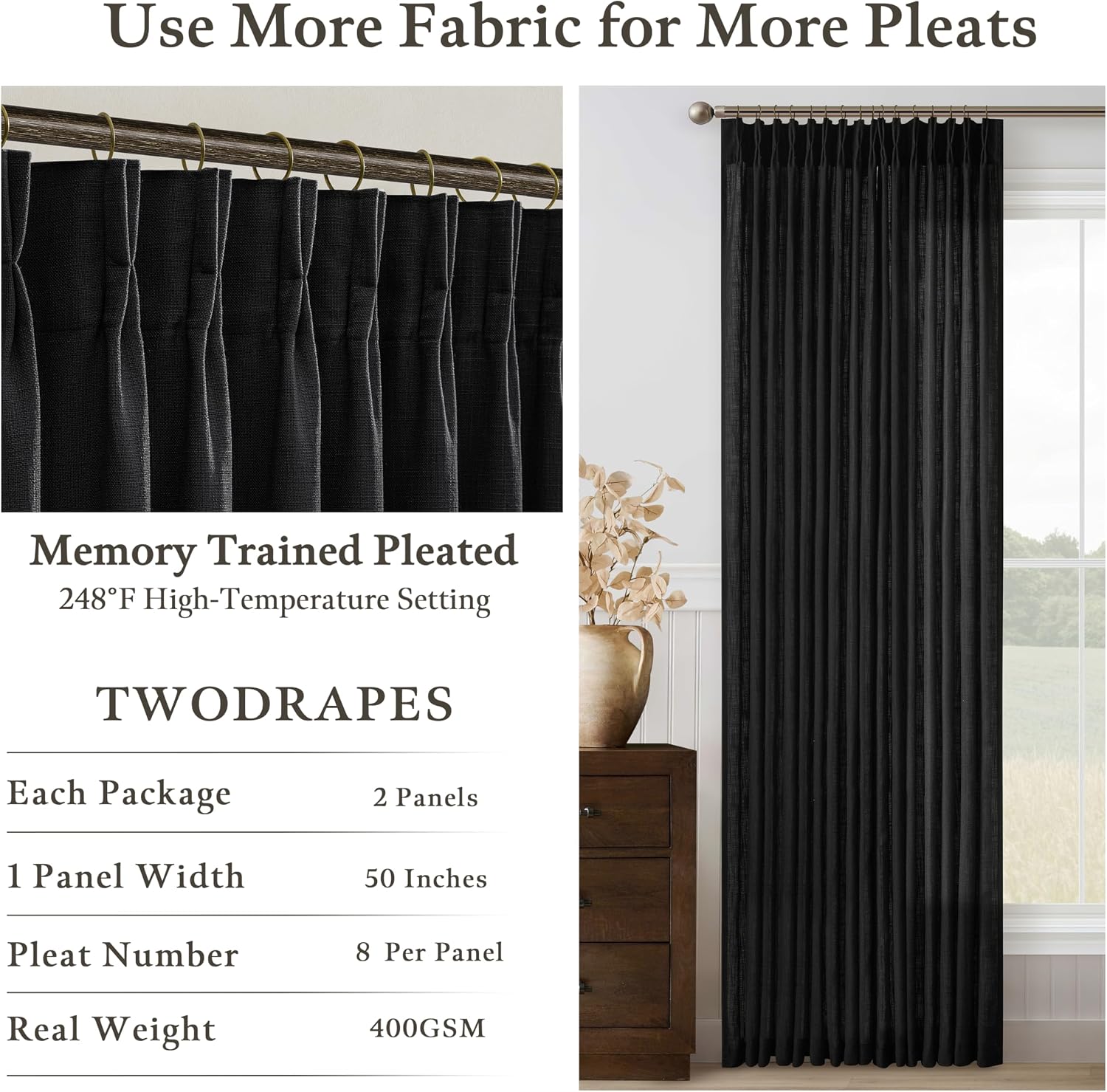 Detalle 2 de Black Pinch Pleated Linen Curtains, 105 Inches Long (2 Panels Set) with Memory-Shaped Pleats