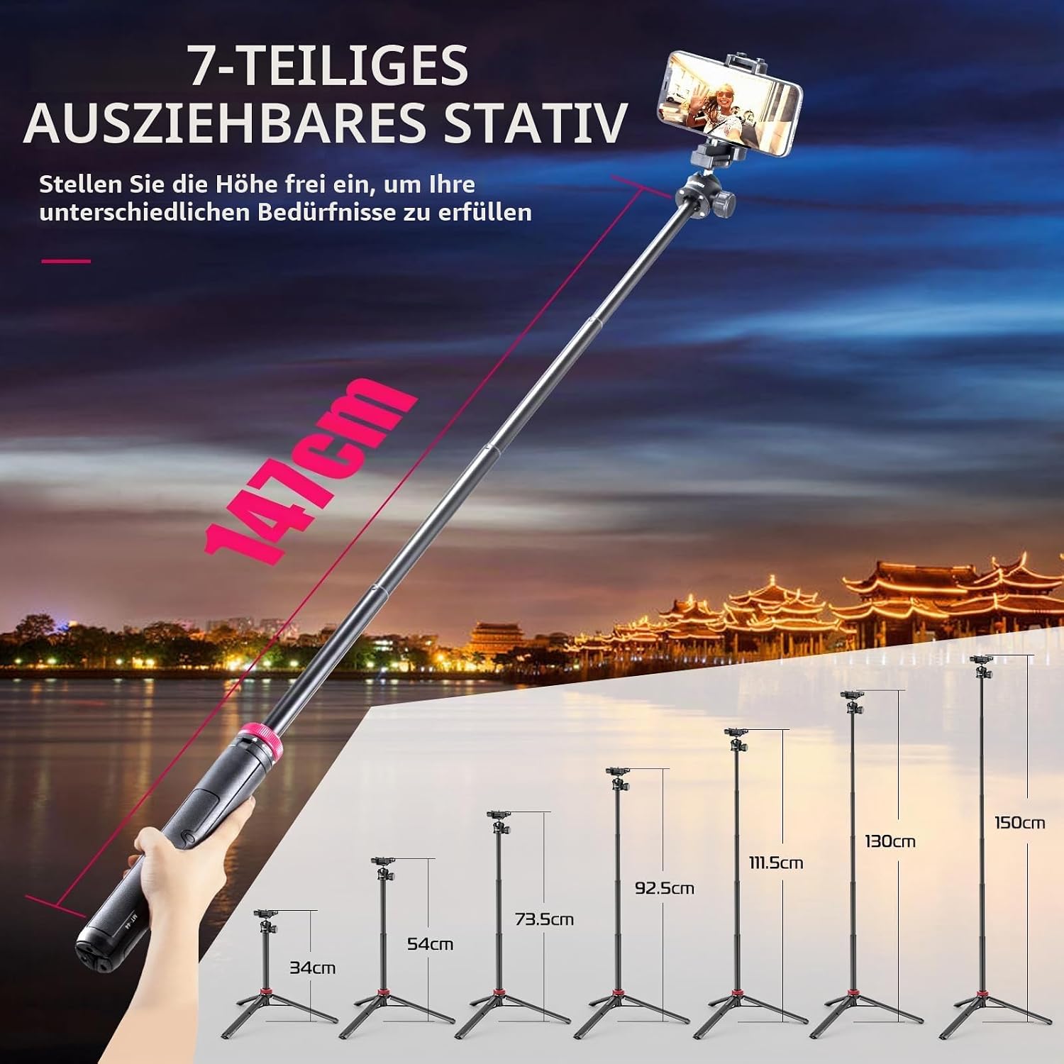 Detalle 2 de ULANZI MT-44 2-in-1 Stativ für Smartphone und Kamera – 147 cm, 360° Kugelkopf, Cold Shoe Halterung