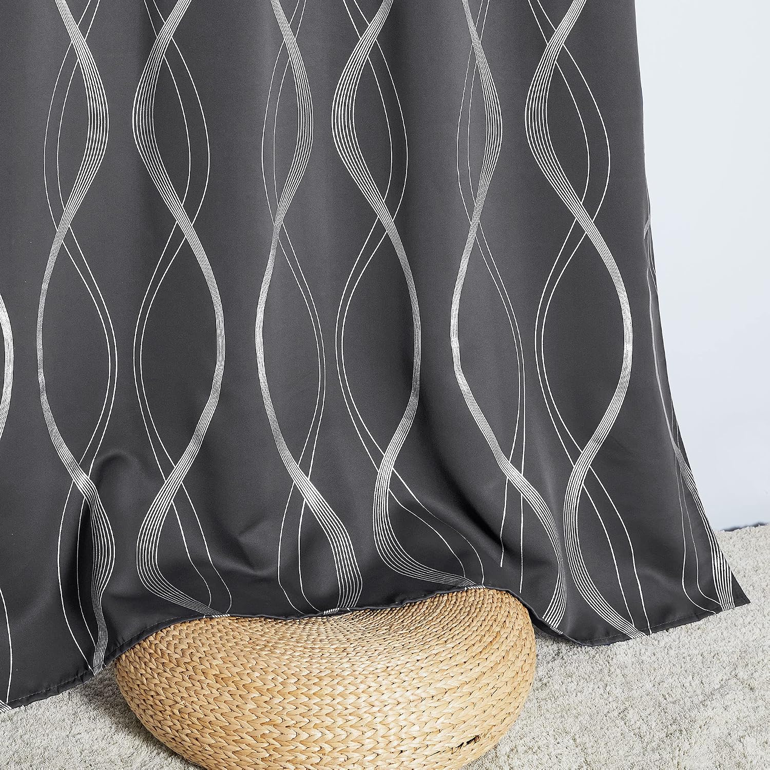 Thumbnail 6 de PONY DANCE Blackout Curtains (Silver Wave Foil Print) – Grey, 2 Panels, Thermal Insulated Eyelet Ready Made