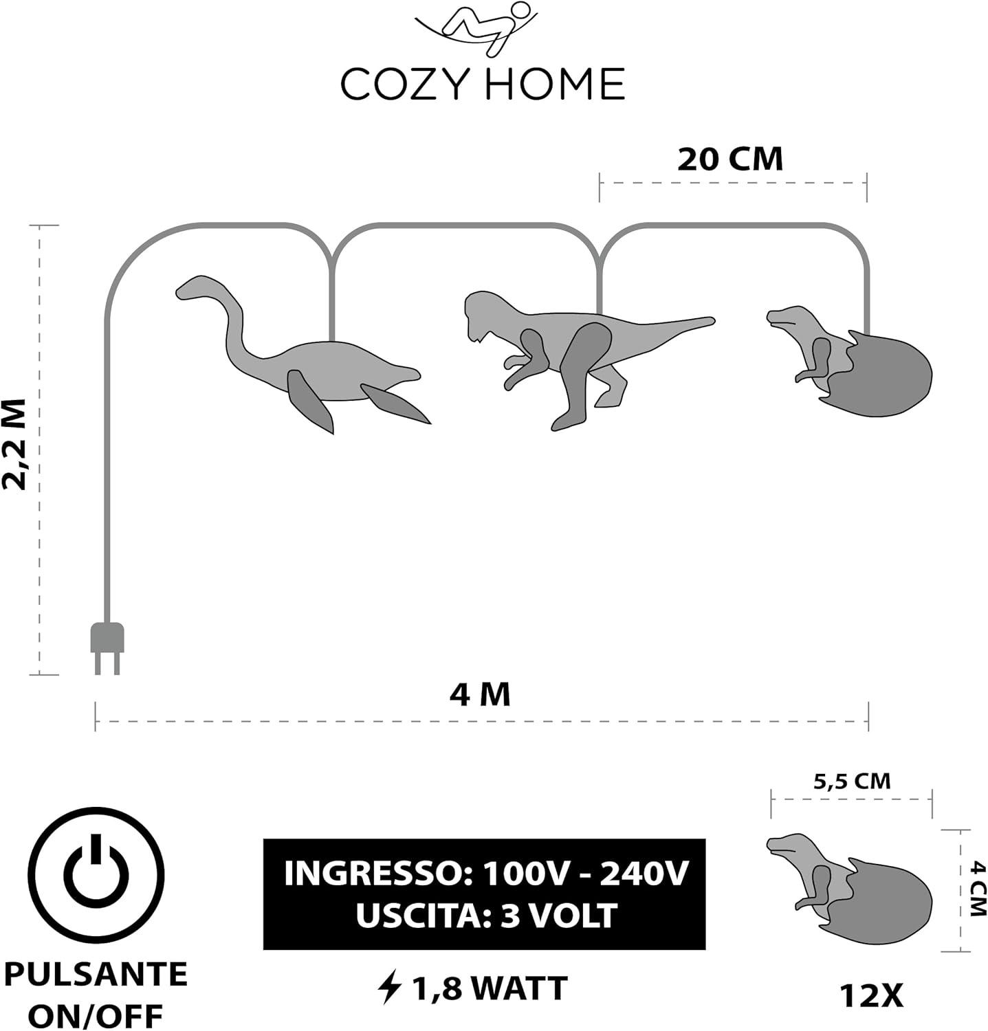 Thumbnail 3 de CozyHome Lucine LED decorative a forma di dinosauro, 4 metri con spina e 12 figure