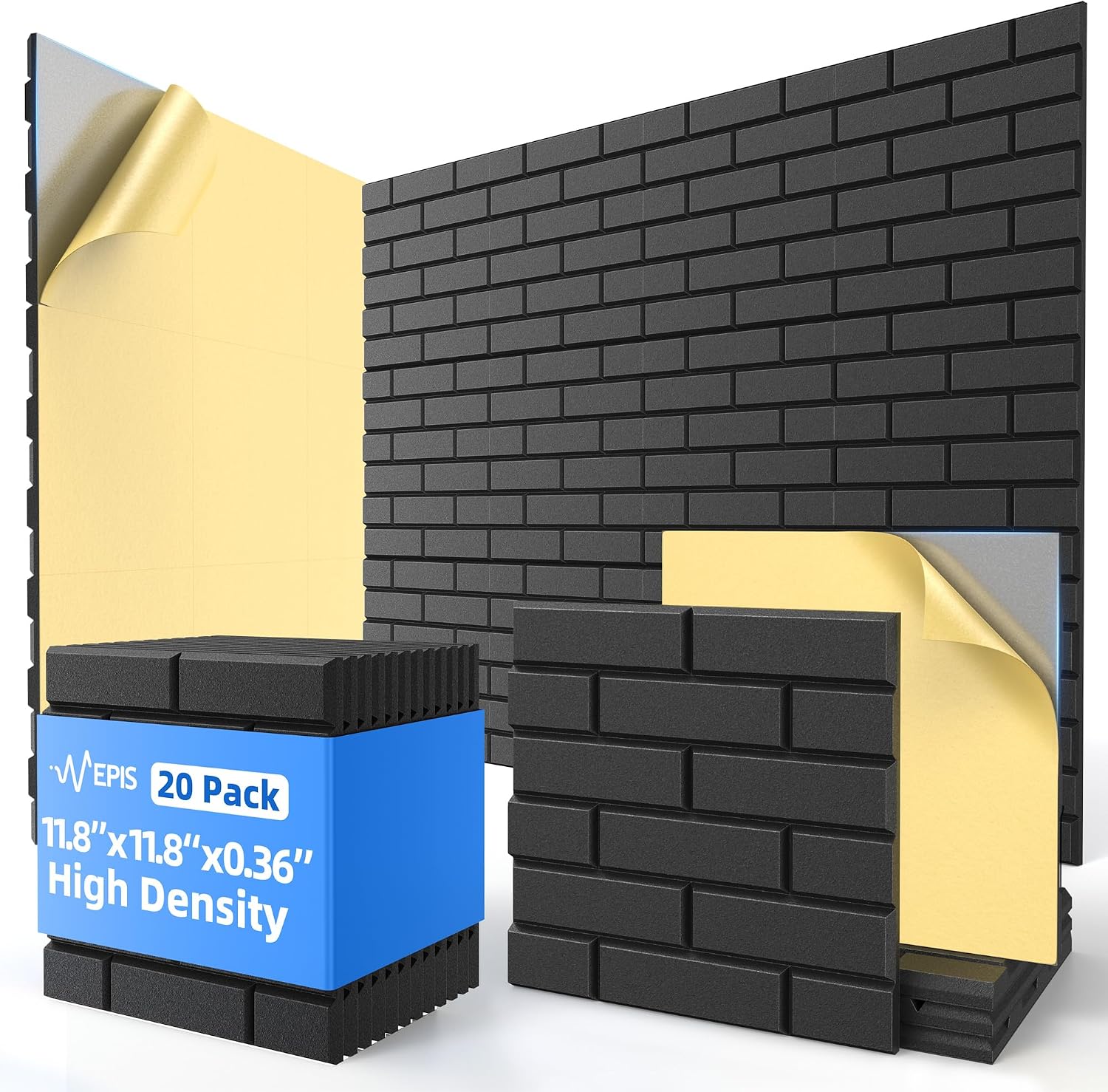 Detalle de NEPIS Brick-Black-20-1 Acoustic Panels, 20-Pack Self-Adhesive Black Wall Tiles