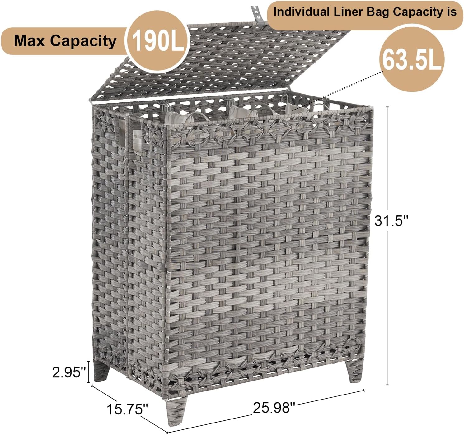 Thumbnail 3 de Laundry Hamper 190L 3-Section with Lid