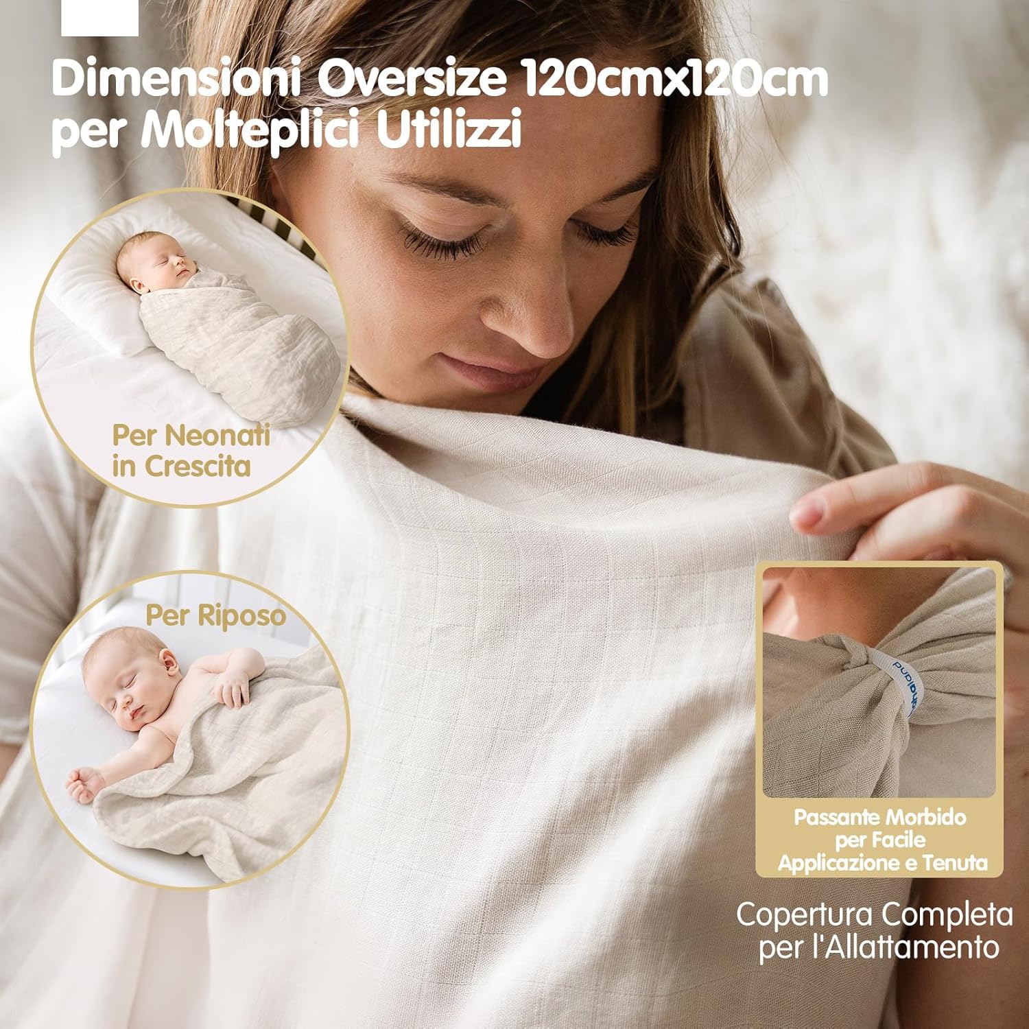 Thumbnail 4 de Hahaland Mussole Neonato in cotone bambù 100% naturale – set copertine swaddle (120x120 e 100x95 cm)