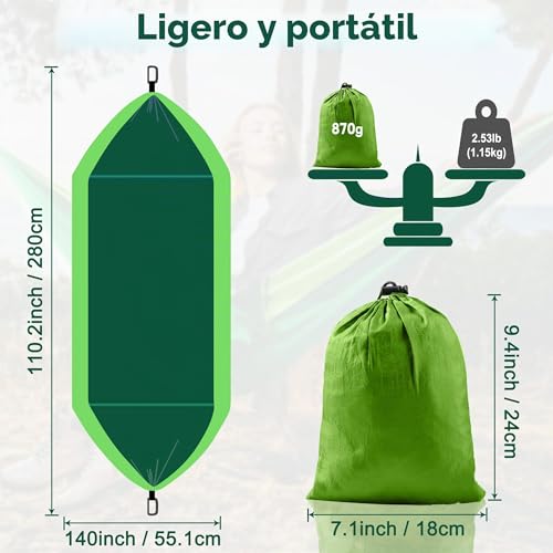 Detalle de Zouway Hamaca de camping al aire libre con correas de árbol y funda integrada (verde oscuro) — soporta hasta 200 kg