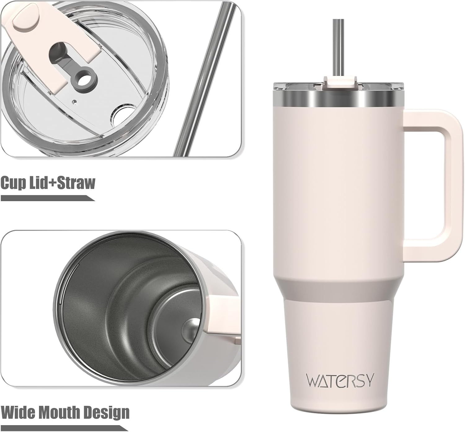 Thumbnail 1 de WATERSY 30oz To-Go Thermobecher aus doppelwandigem Edelstahl – Auslaufsicher, Griff & Strohhalm, 360° Dichtung, Hellbeige