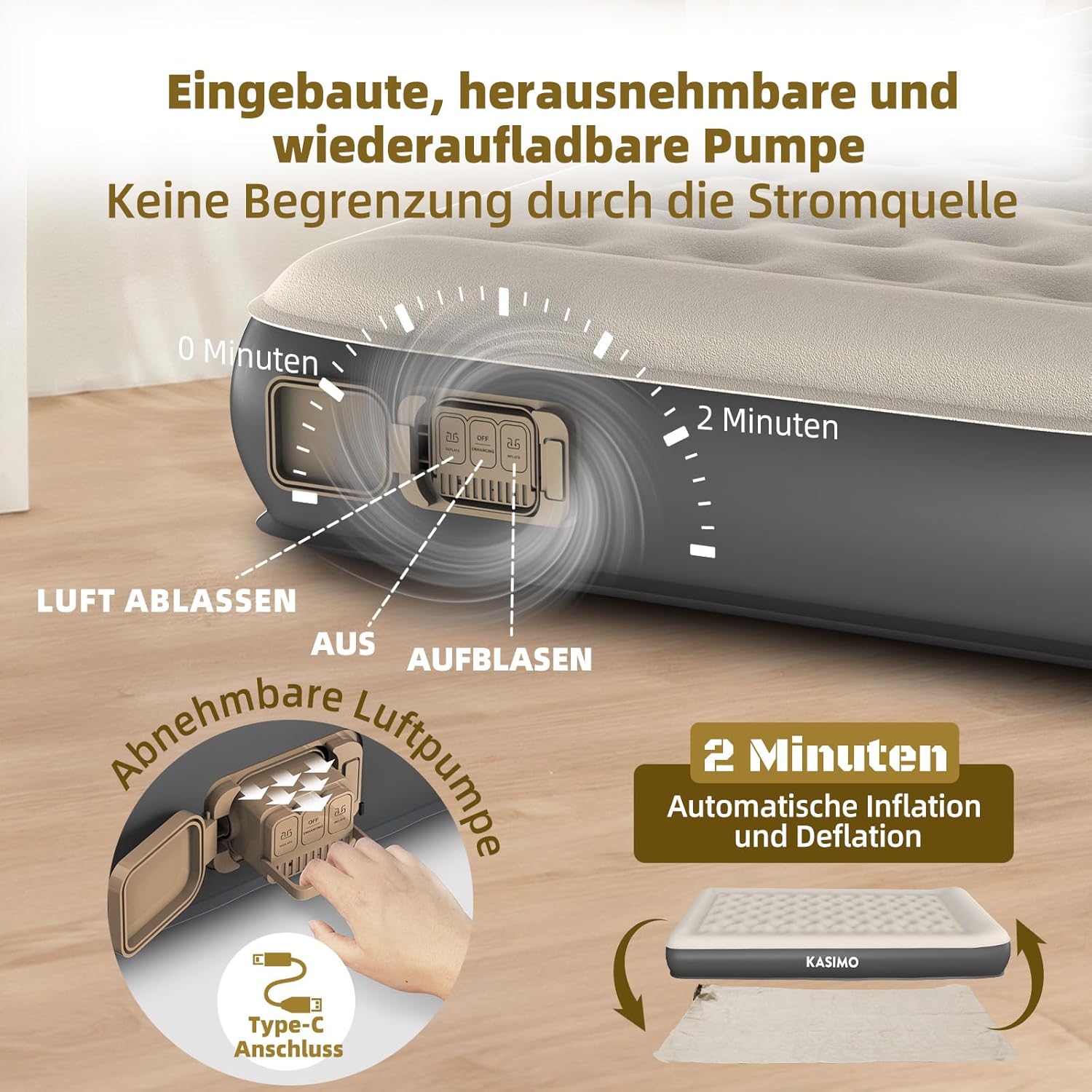 Detalle de KASIMO TPU Luftmatratze selbstaufblasend – 1 Person 190x90x22 cm mit integrierter Pumpe