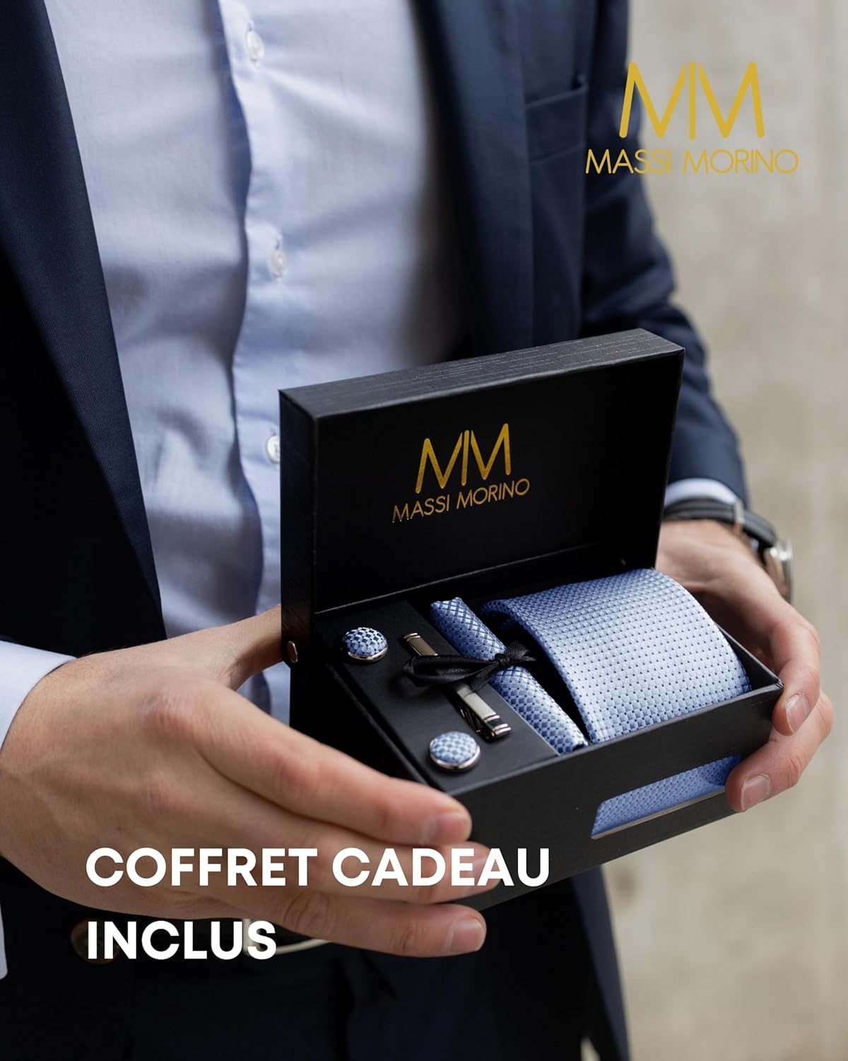 Thumbnail 4 de Coffret cravate homme Massi Morino 5-en-1 avec mouchoirs de poche, boutons de manchette et pinces à cravate