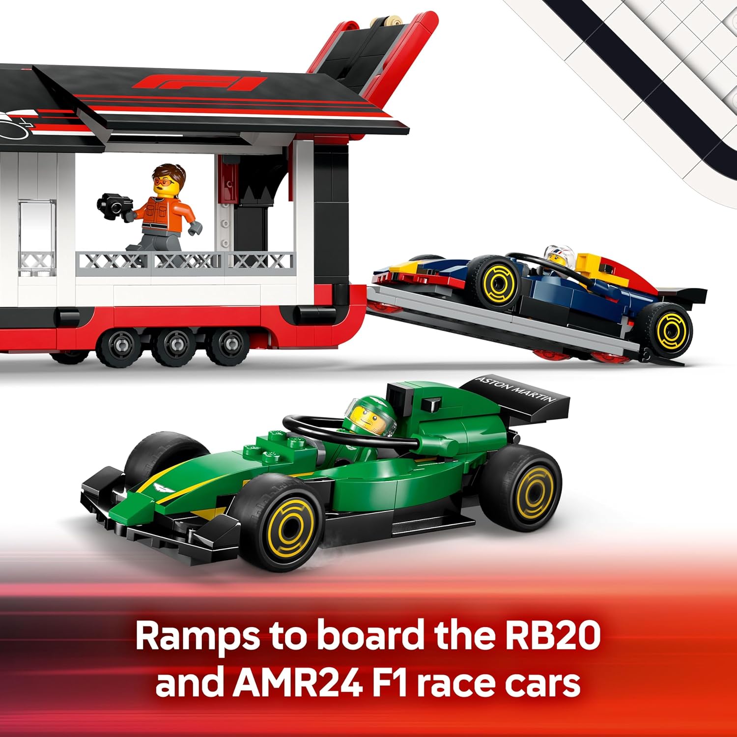 Detalle de LEGO City F1 Truck with RB20 & AMR24 F1 Cars (60445) – Car Transporter Set