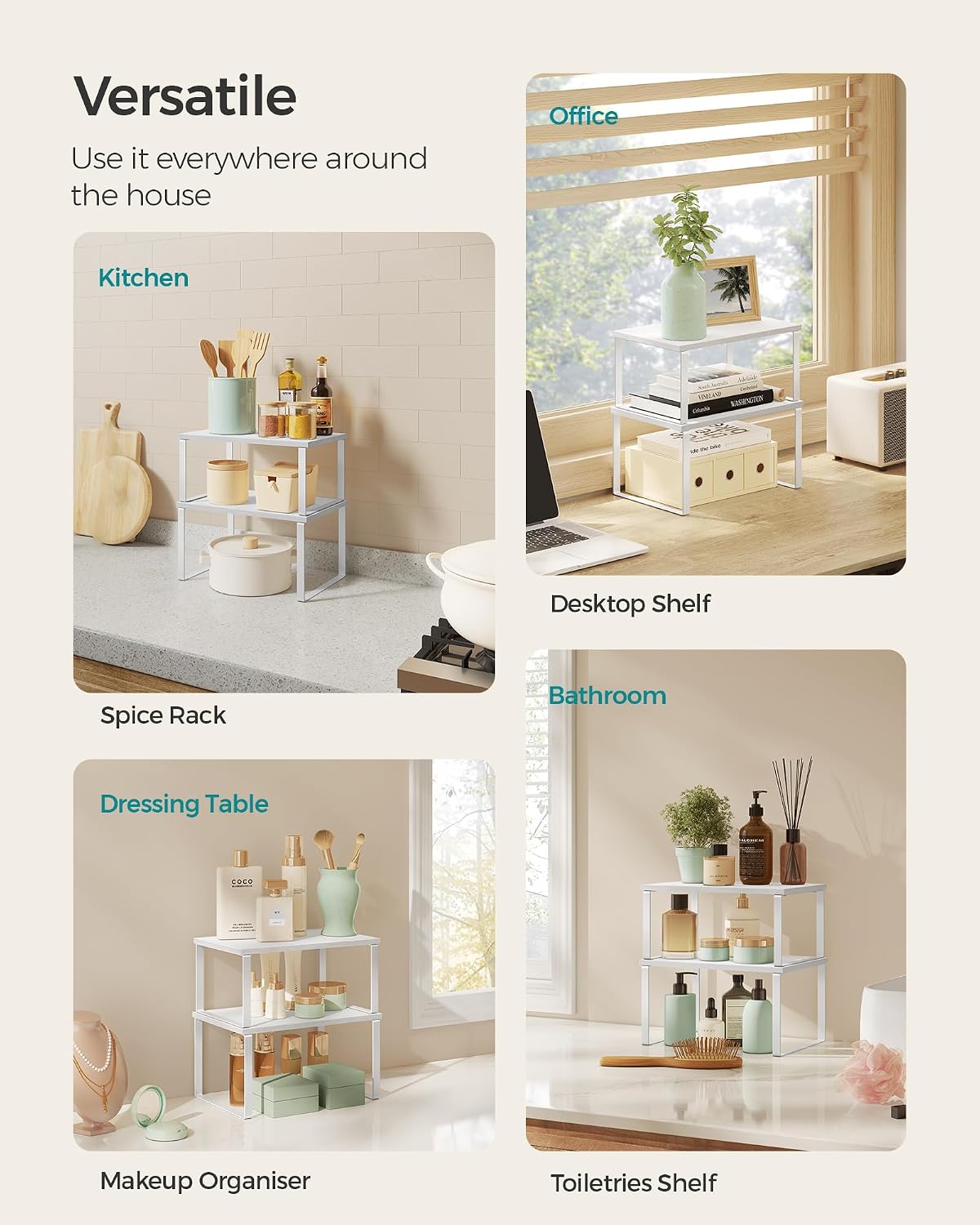 Thumbnail 4 de SONGMICS Spice Rack, Set of 2 – Expandable Cupboard Shelf Organisers (Cloud White & Snow White, KCS02W01)