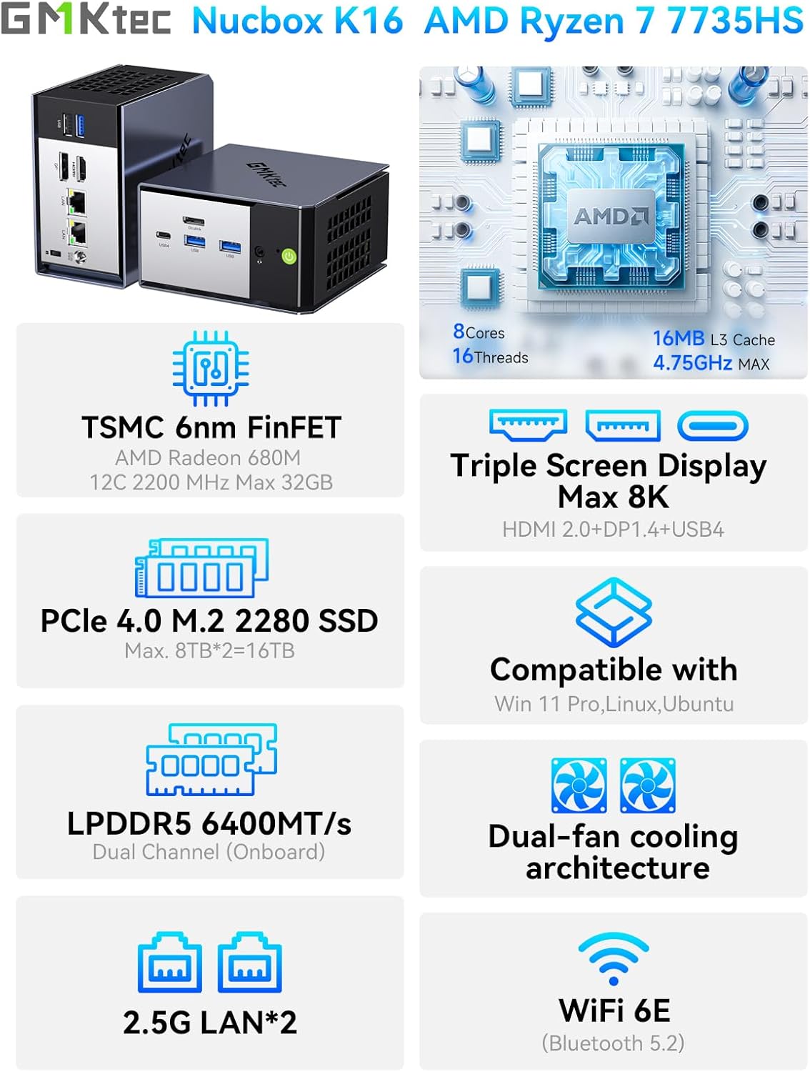 Thumbnail 1 de GMKtec K16 Mini PC Gaming Desktop with Ryzen 7 7735HS