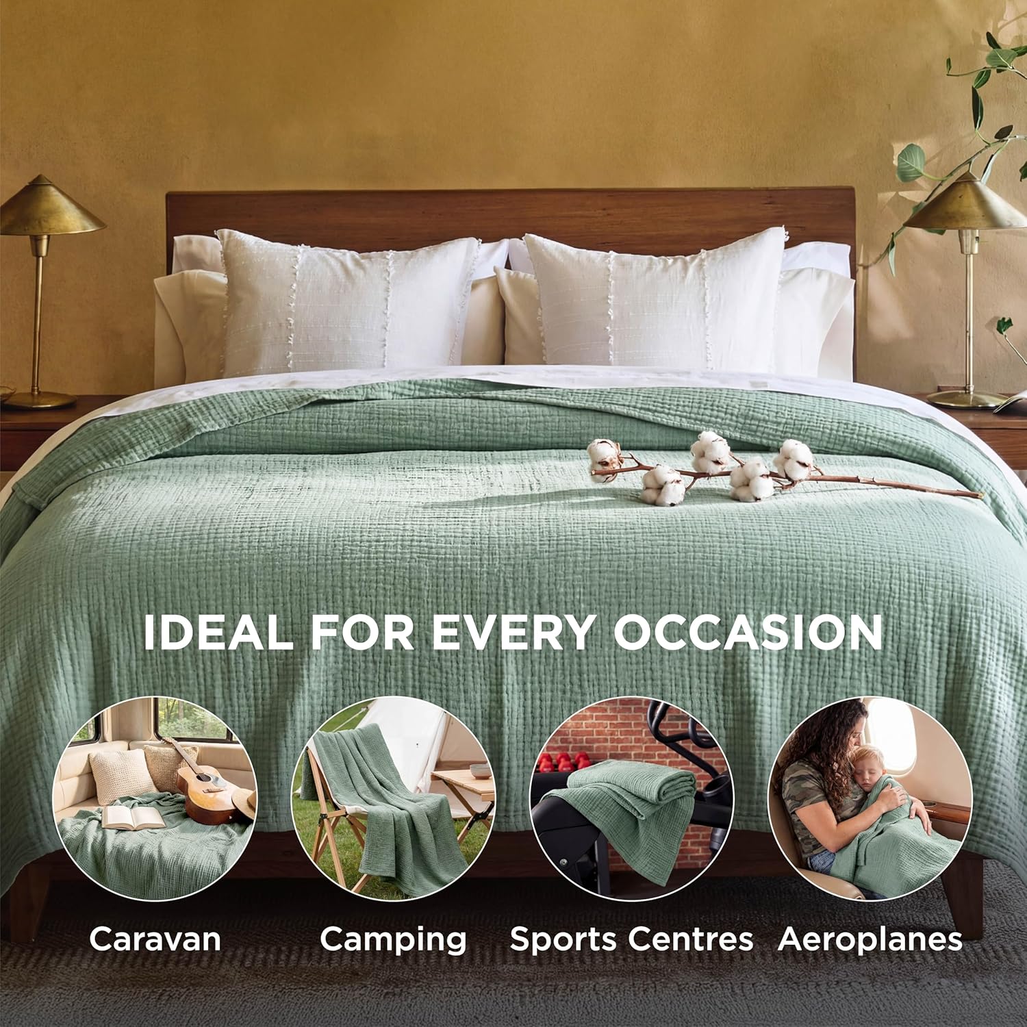 Thumbnail 3 de Bedsure 100% Cotton Muslin Throw Blanket – Soft, Breathable 4-Layer Gauze, Sage Green, 150x200 cm