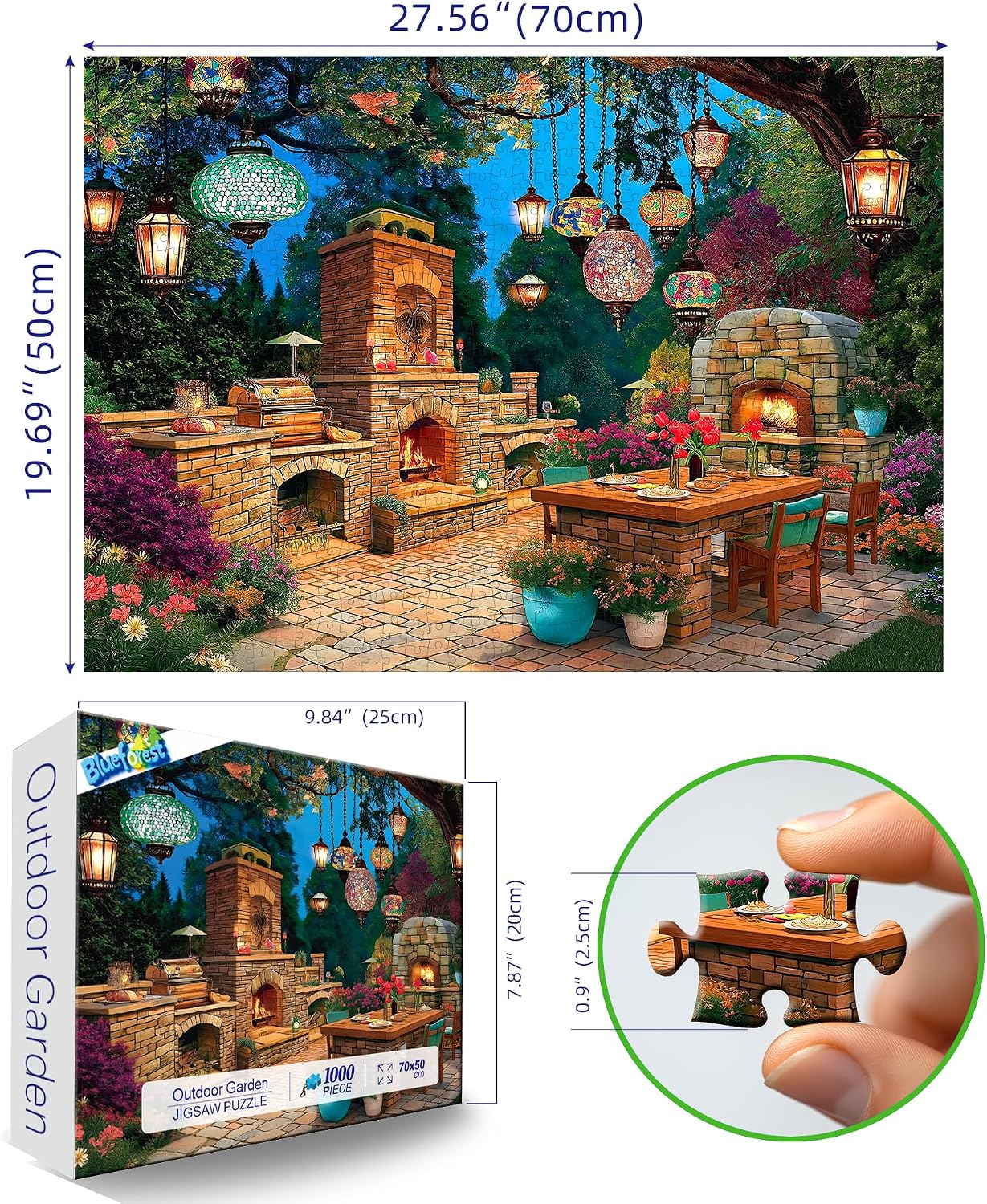 Detalle 2 de Blueforest 1000-Piece Jigsaw Puzzle for Adults – Enchanted Garden Patio: Mosaic Lanterns, Stone Fireplaces & Night Blooms (27.5x19.7 in.)
