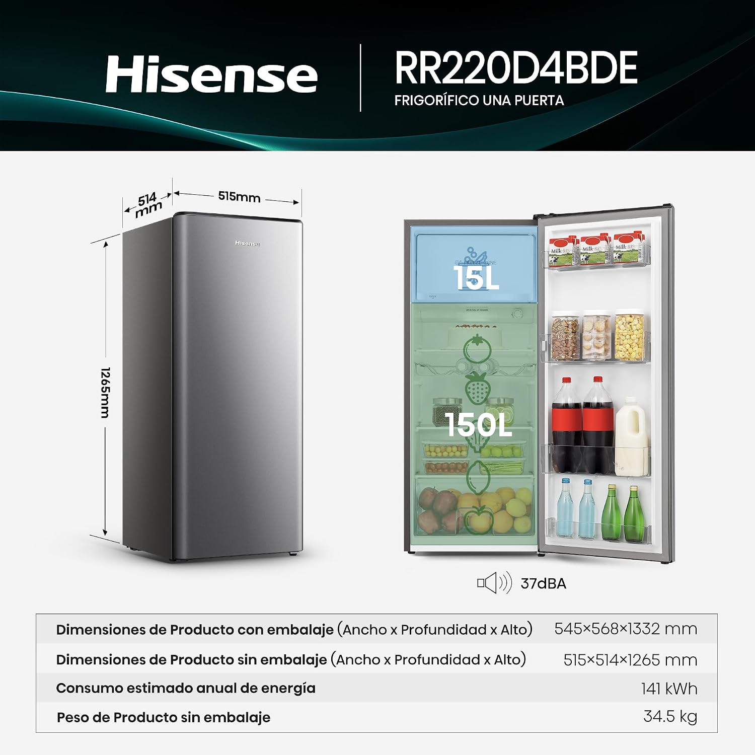 Detalle 2 de Hisense RR220D4BDE: Frigorífico 1 Puerta 165 L, Inox, con Cycle Defrost