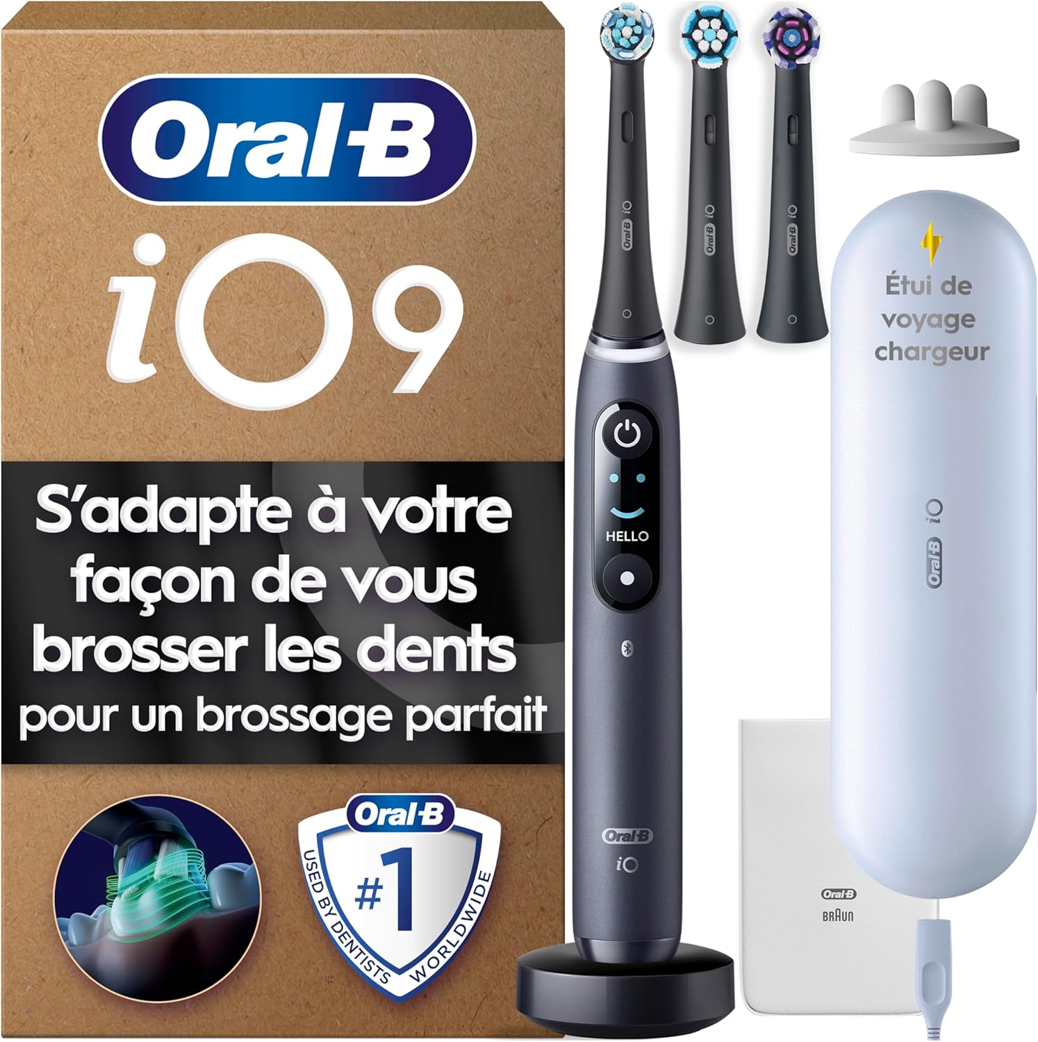 Detalle de Oral-B iO Série 9 brosse à dents électrique noire (capteur de pression, 7 modes) + 3 têtes de recharge