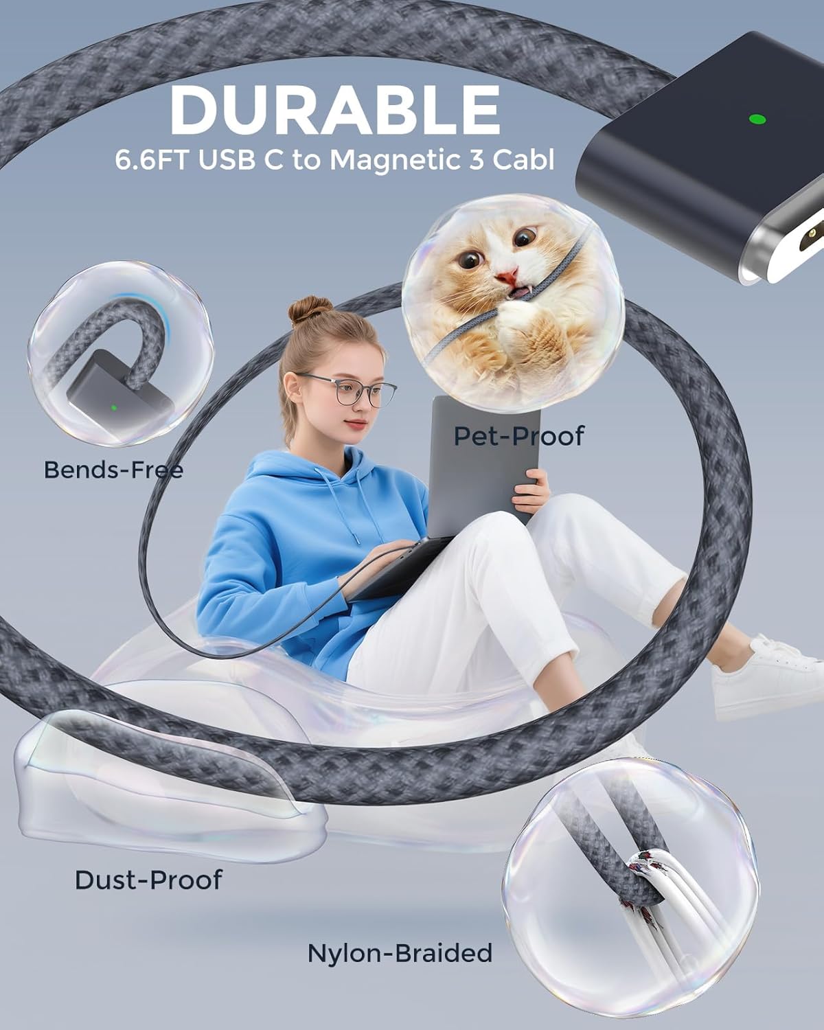 Thumbnail 2 de USB-C to Magnetic 3 Charger Cable (6.6ft) for MacBook Air 13.6" & MacBook Pro 14/16" with Braided Cord and LED