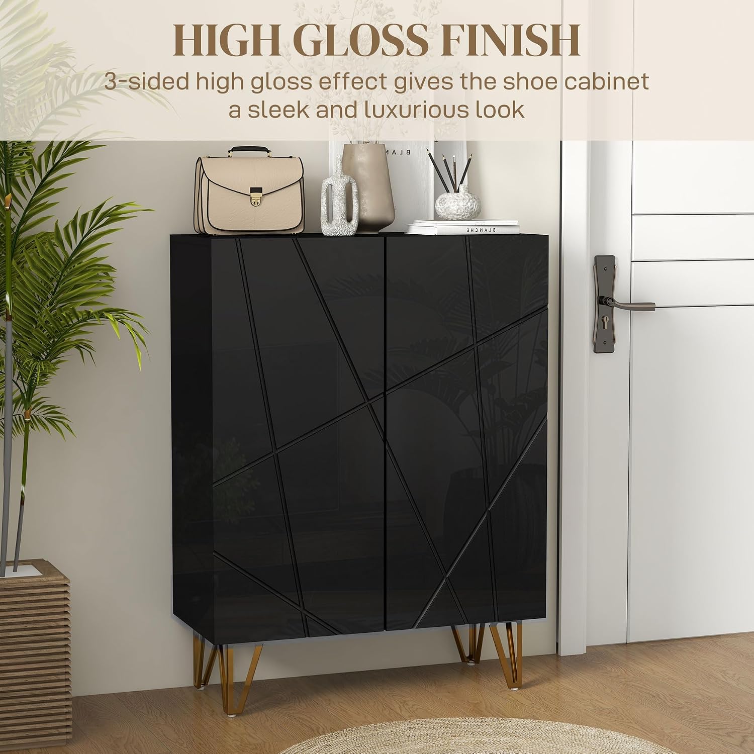 Detalle 2 de HOMCOM 837-469V80BK Shoe Cabinet, High-Gloss Black, Adjustable Shelves