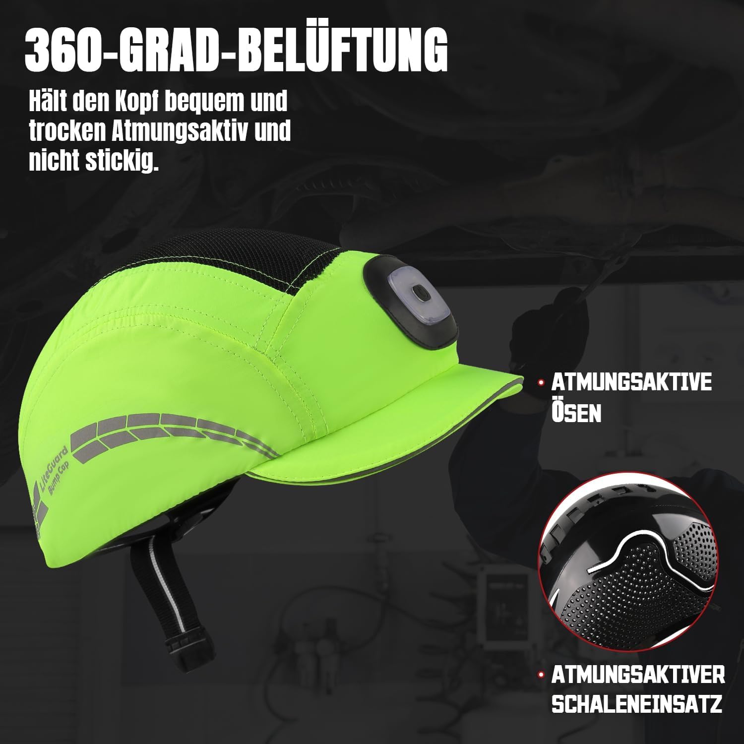 Detalle de HEARMOR Leichte Anstoßkappe Sicherheitsmütze LiteGuard – Atmungsaktiver Kopfschutz mit abnehmbarer ABS-Hartschale