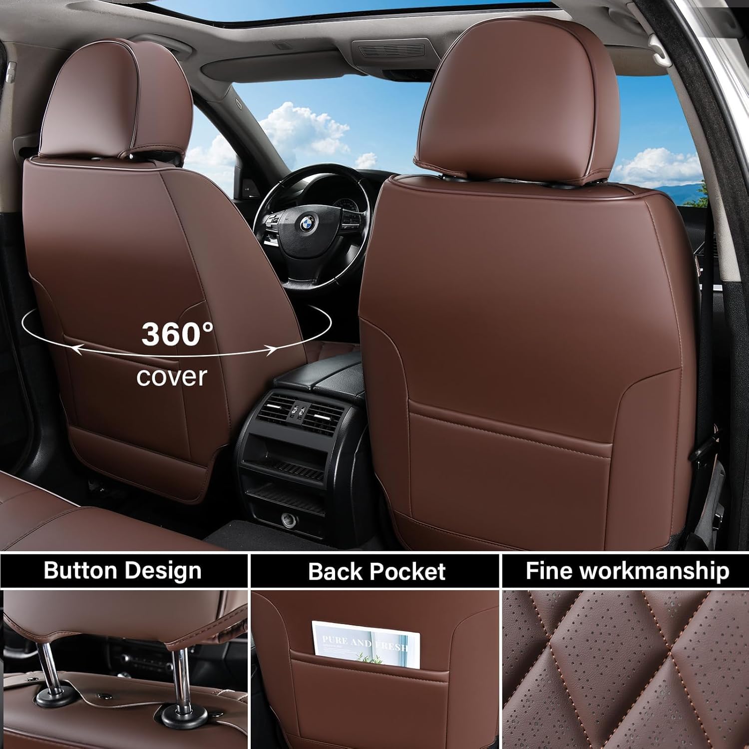 Thumbnail 1 de Coverado Front Seat Covers for Cars – Luxury Faux Leather, Universal Fit, Front Seats, Brown