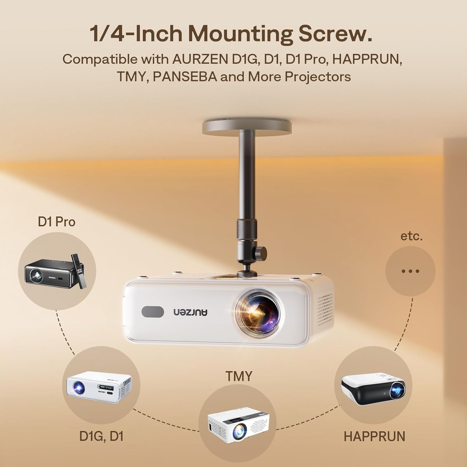 Thumbnail 3 de Aurzen Support de Plafond pour projecteur – Rotatif 360°, inclinable 90°, 9–15