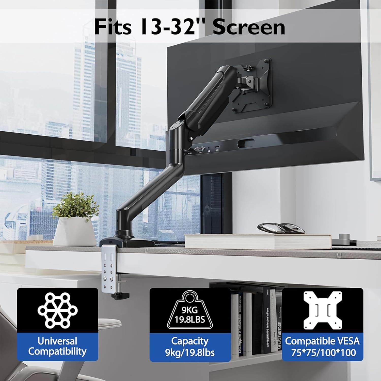 Detalle de BONTEC Supporto Monitor Regolabile da 13" a 32" con Braccio, Rotazione 360°, Inclinazione ±90°, Altezza Gas e Gestione Cavi – VESA 75/100