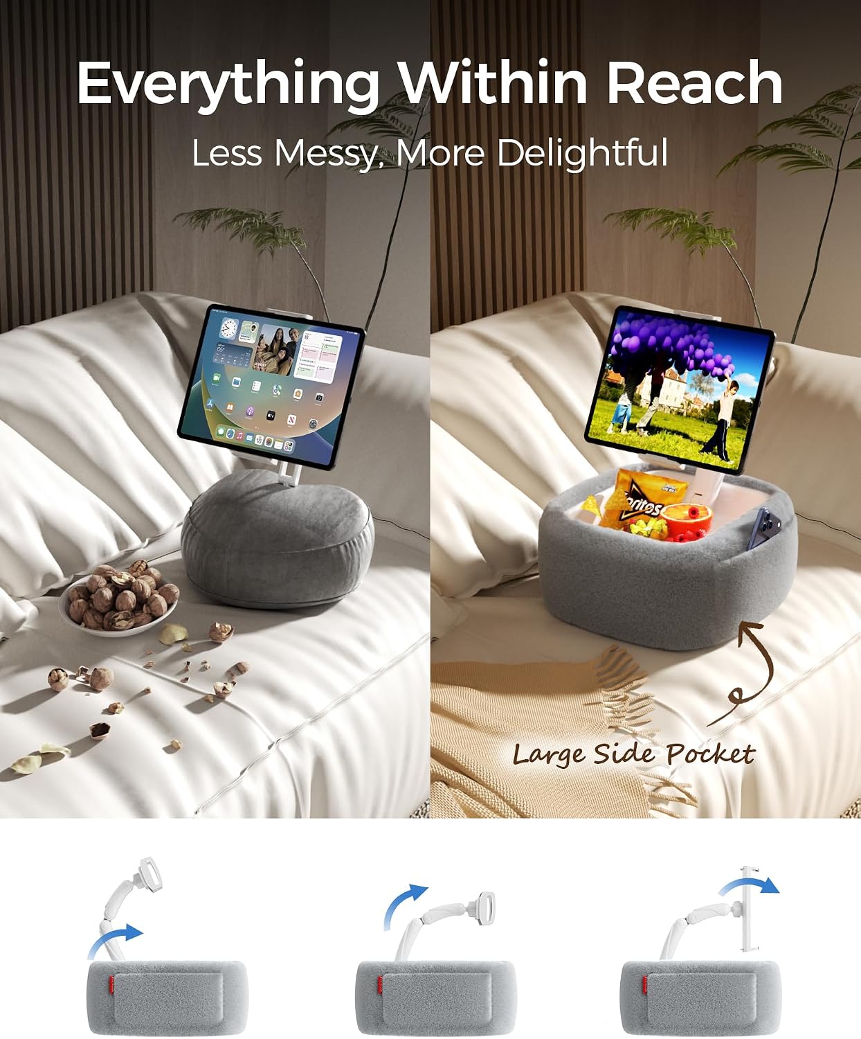 Detalle 1 de LULULOOK Tablet Pillow Stand with 360° Adjustment, Memory Foam and Snack Bowl