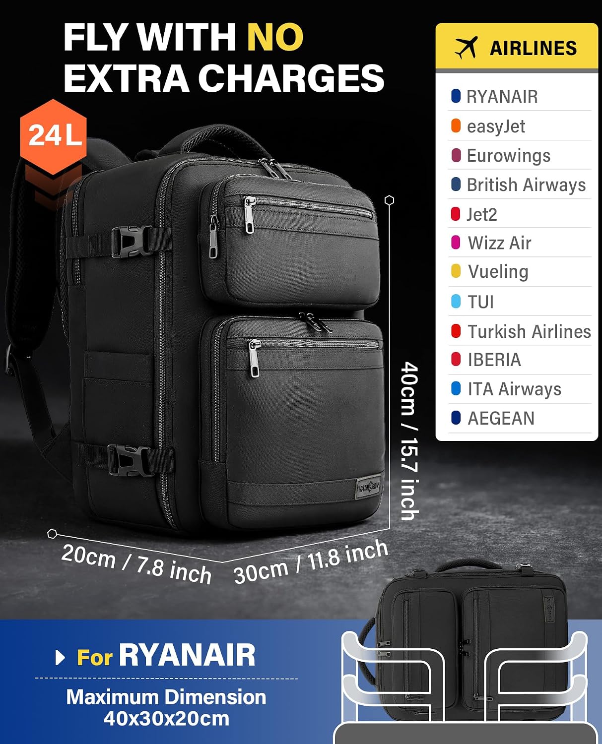 Thumbnail 1 de VANKEV Cabin Bag 24L 40x30x20 for Ryanair