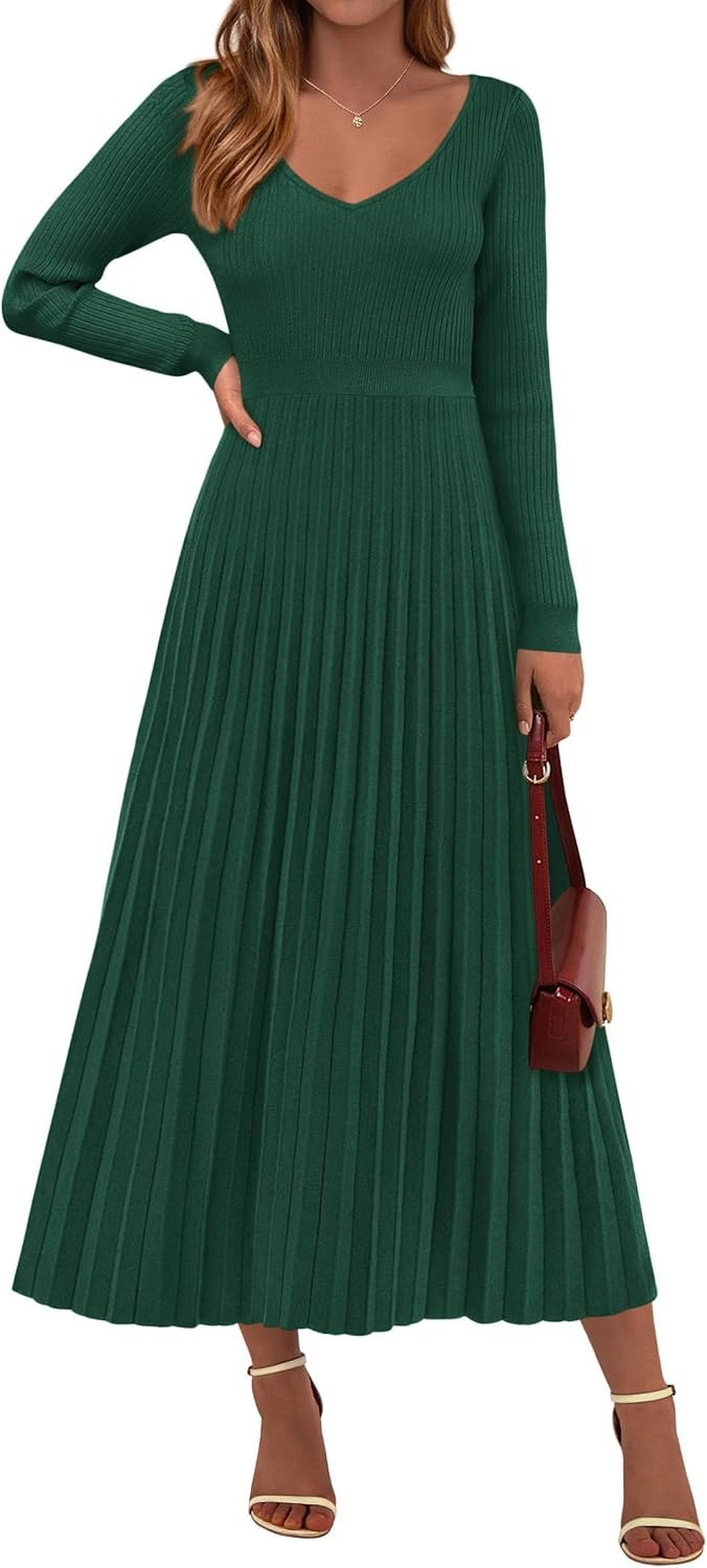 Detalle de PRETTYGARDEN Long Sleeve Maxi Sweater Dress, Ribbed Knit, V-Neck, Pleated A-Line