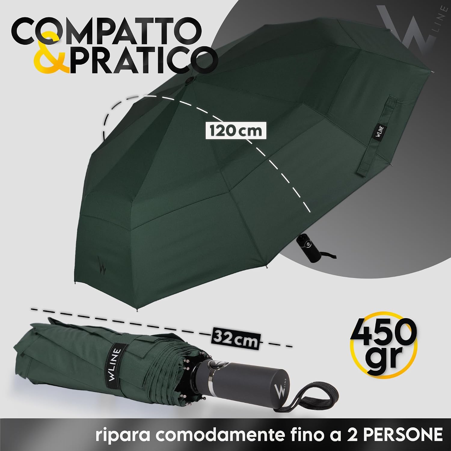 Detalle de WLine Wind Ombrello Pieghevole Antivento 210T con 10 Aste Rinforzate, Diametro 104 cm, Verde – Automatico