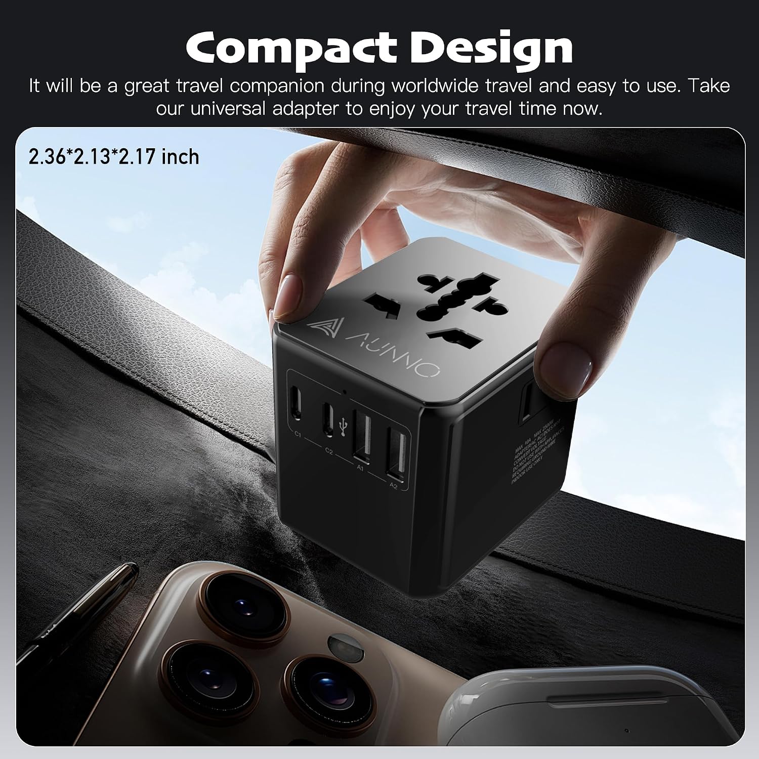 Detalle de AUNNO Universal Travel Adapter with 2 USB-C, 2 USB Ports and UK/EU/US/AU Sockets