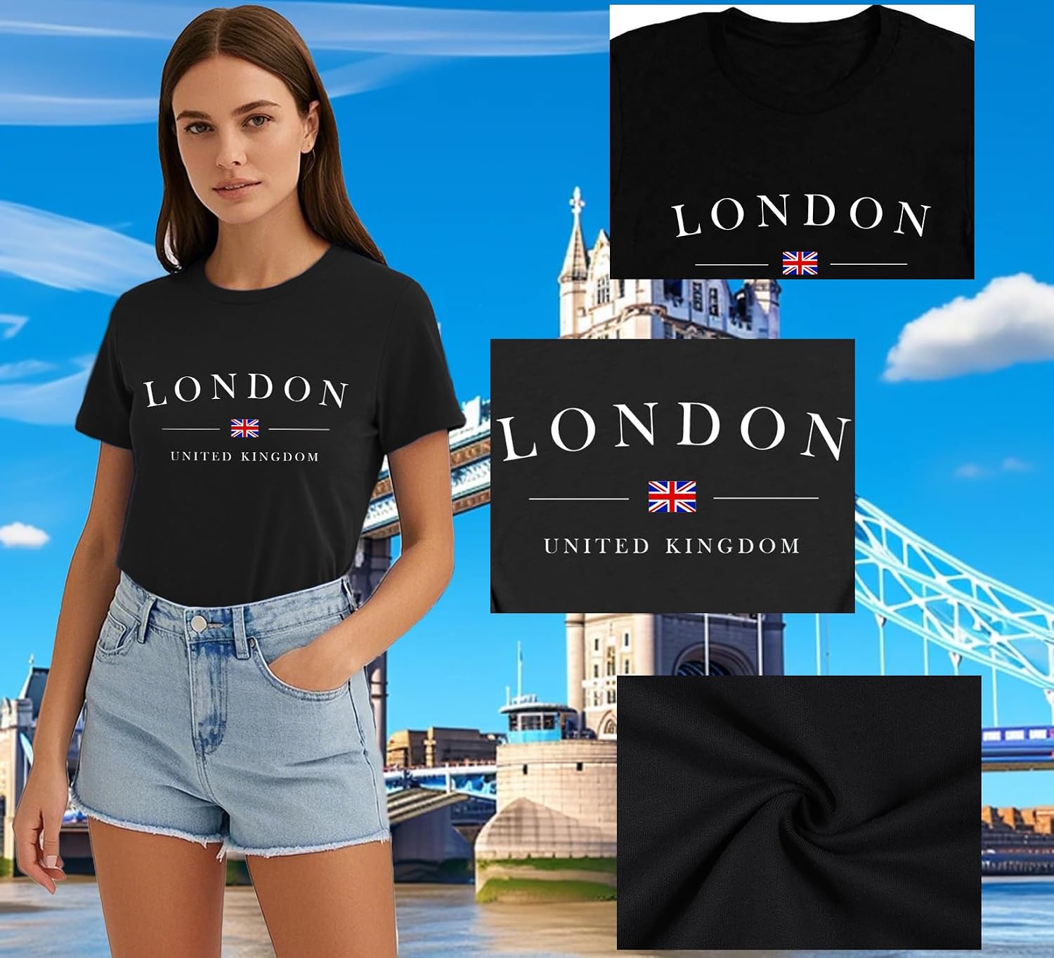 Detalle 2 de Qskall Women’s Union Jack “London” T-Shirt – London shirts United Kingdom tee tops