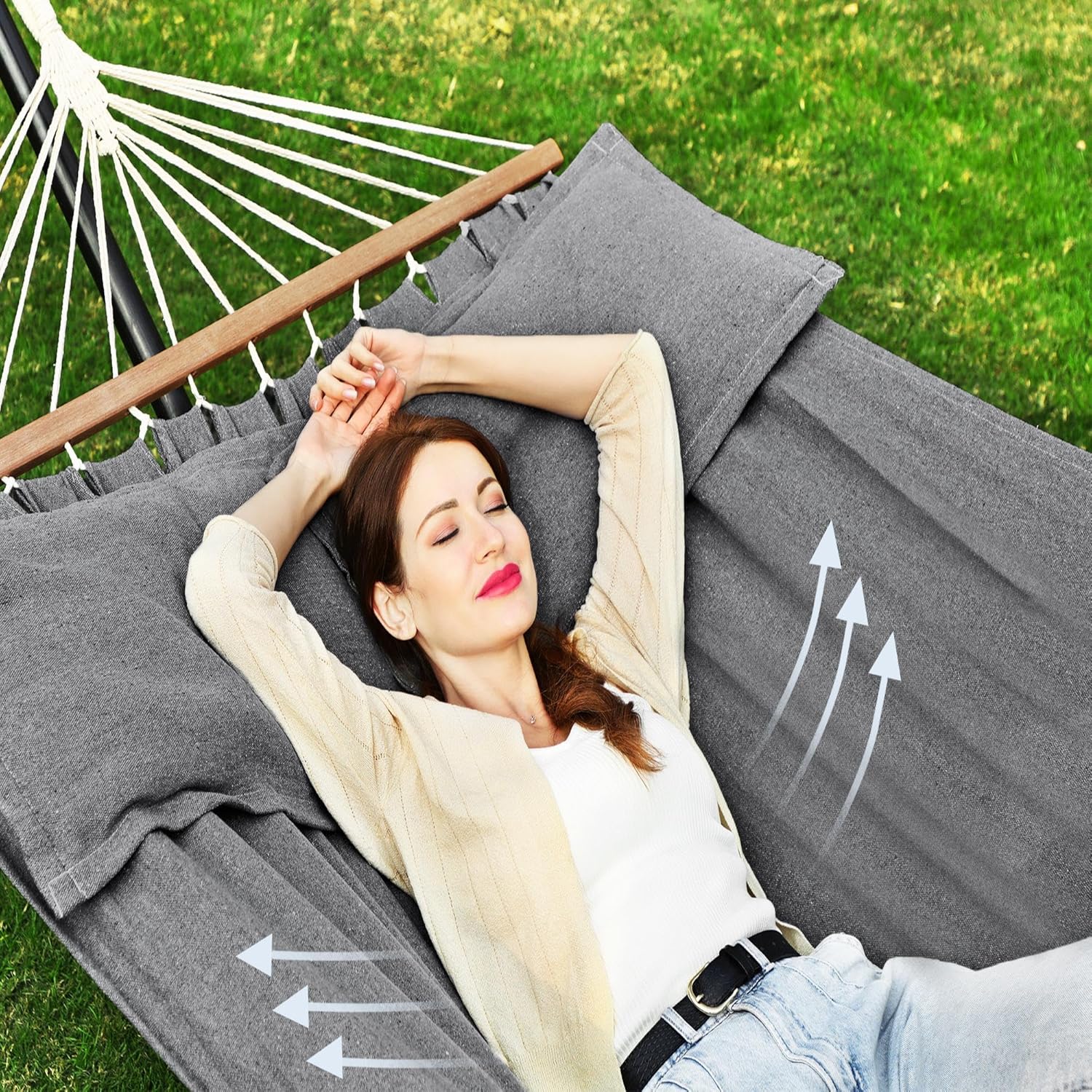 Thumbnail 2 de SONGMICS Outdoor-Hängematte mit 2 Holzstangen, 2 Kissen und Tragetasche (bis 300 kg) – grau GDC022G01