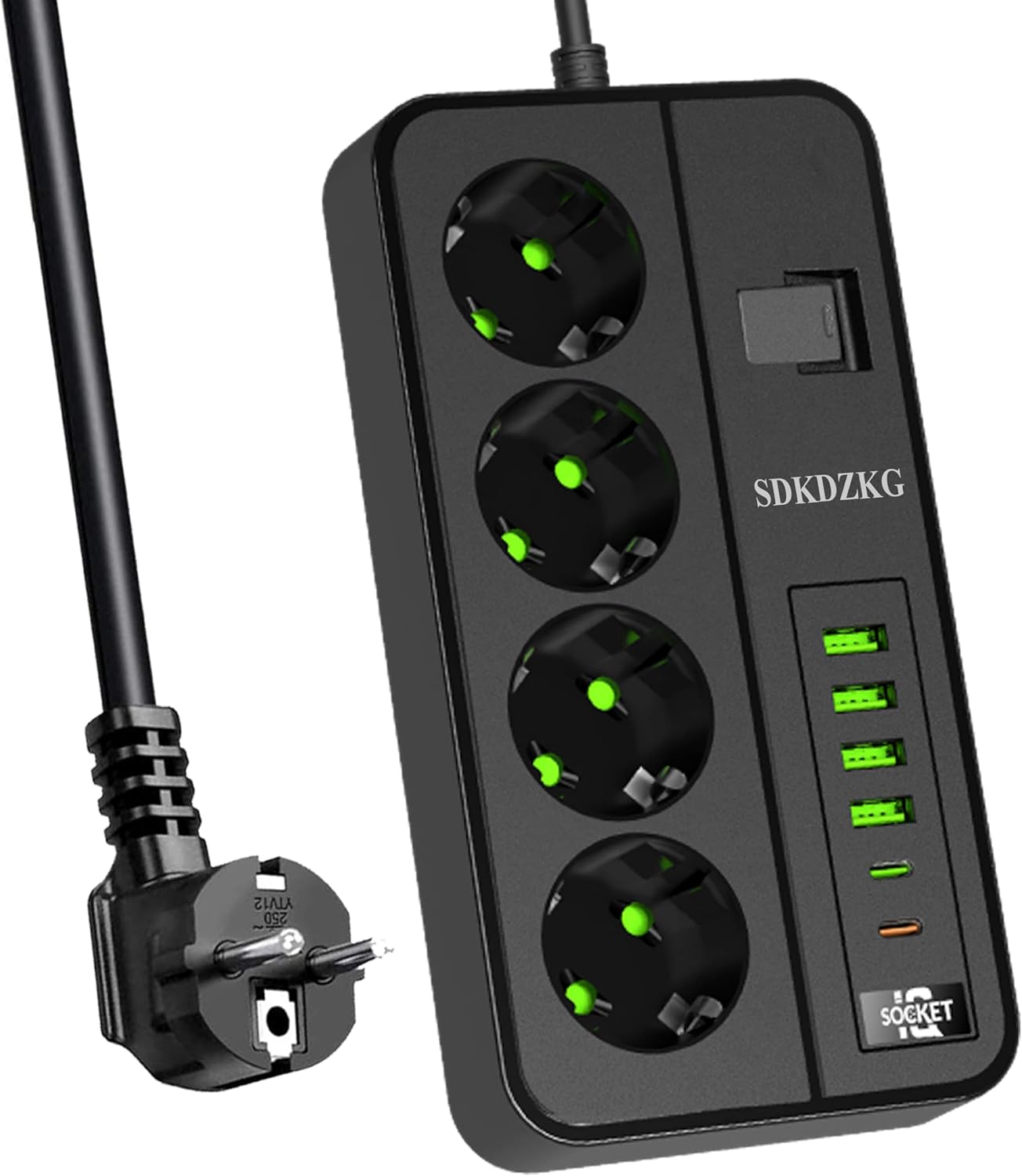 Detalle de SDKDZKG SDK-G13 grenuttag med 4 uttag, 6 USB-portar och 3 m kabel