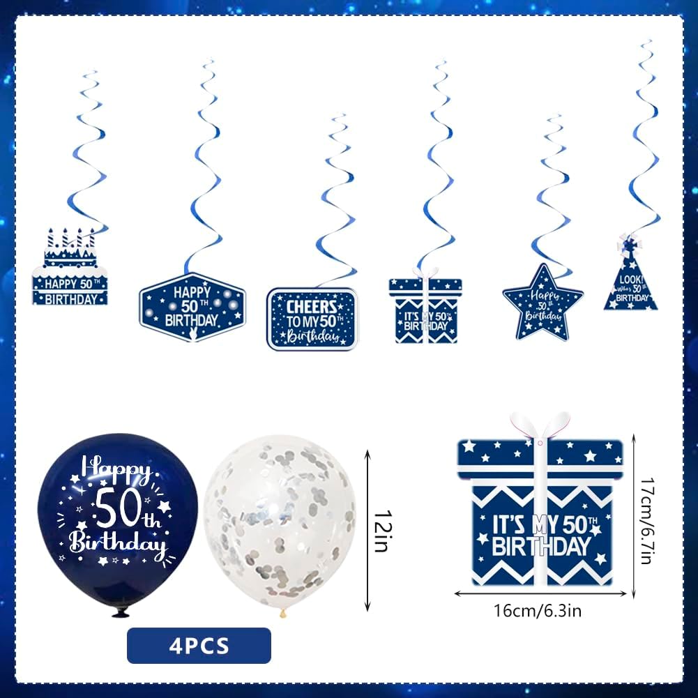 Detalle de Happy 50th Birthday Decorations for Him (Blue & Silver) – Banners, bunting, swirls, balloons & confetti set