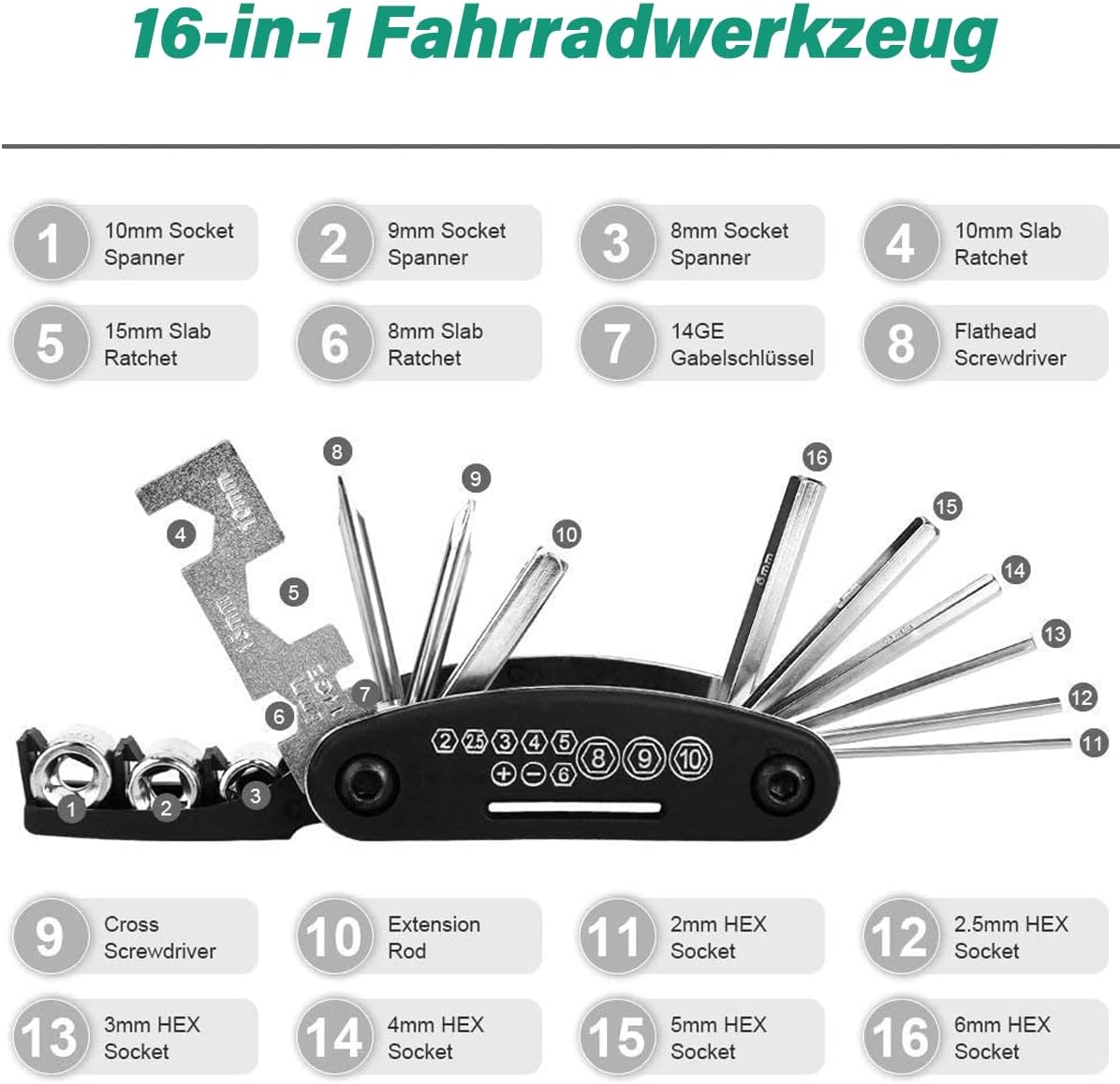 Thumbnail 2 de Fahrrad Reparaturset mit Satteltasche: 16-in-1 Multitool + 120 PSI Mini-Luftpumpe