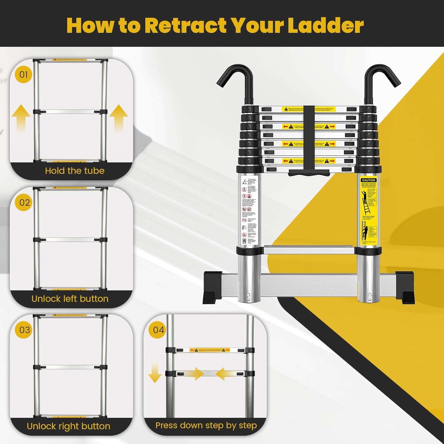 Thumbnail 6 de EASelect Telescopic Ladder 3.8m Aluminium Extension Loft Ladder (EN131) with Stabiliser Bar