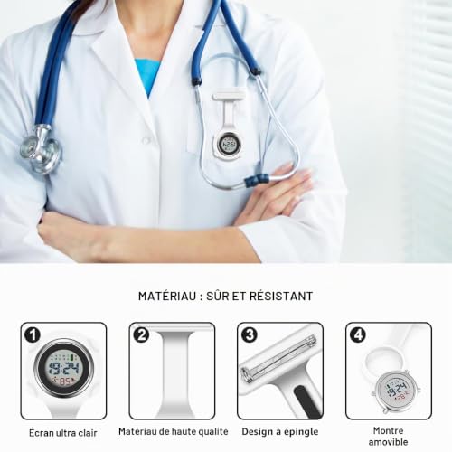 Detalle de Vicloon Montre Infirmière en Silicone avec Clip – Montre de poche fob et broche pour infirmières