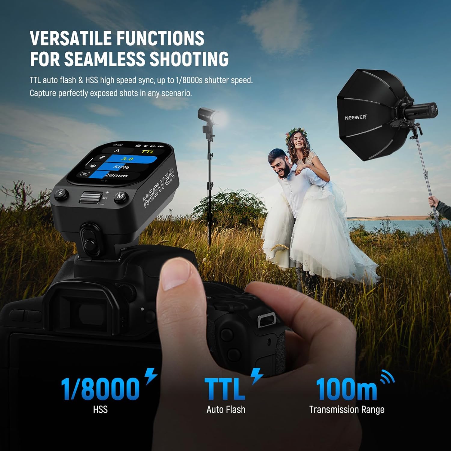 Detalle de NEEWER QZ-C TTL Wireless Flash Trigger Transmitter for Canon cameras with OLED touchscreen and 1/8000s HSS