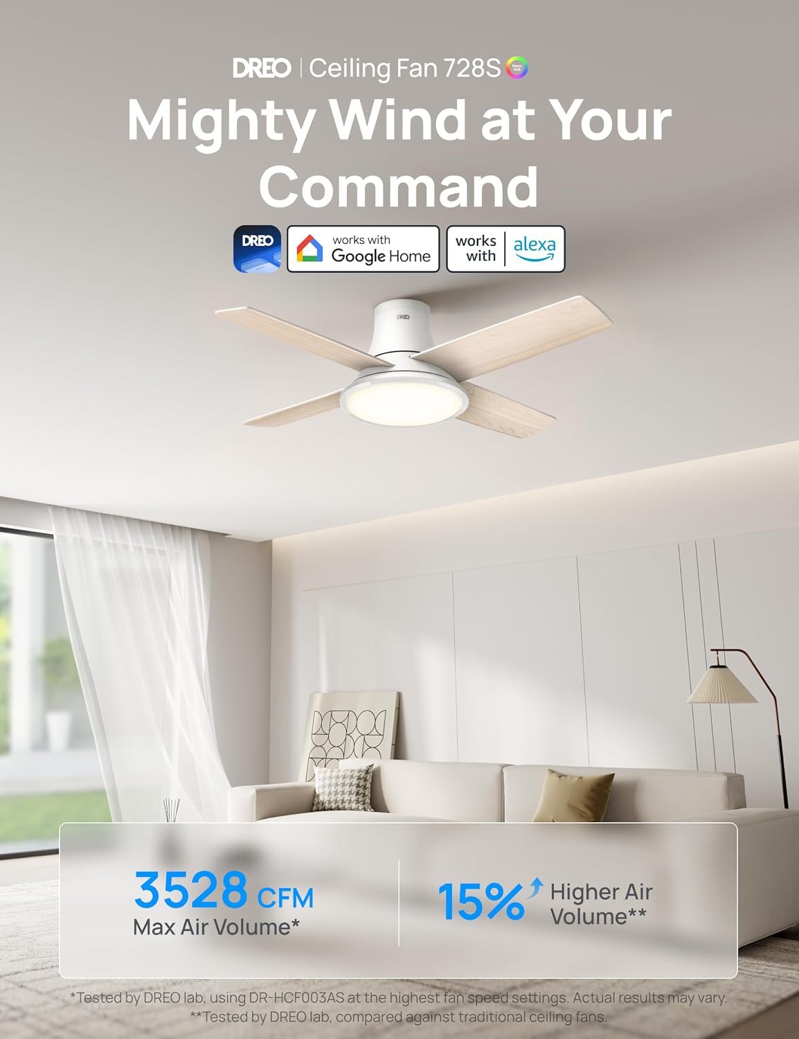 Detalle 2 de Dreo 44 in Smart Flush Mount Ceiling Fan with Lights, 12 Speeds, Quiet DC Motor, Dimmable LED, Remote & App